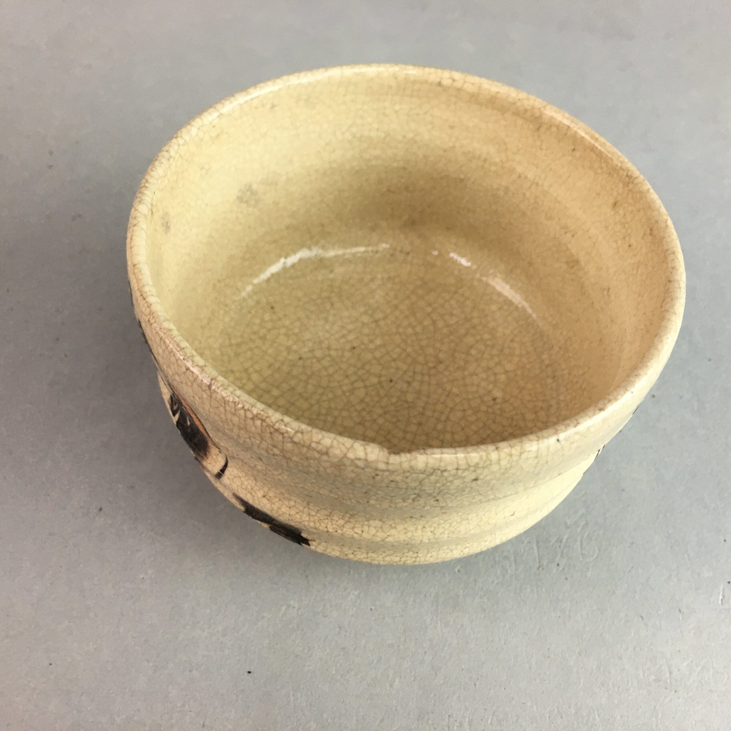 Japanese Ceramic Teacup Yunomi Vtg Pottery Sencha Brown Crackle Glaze Kanji Kimo