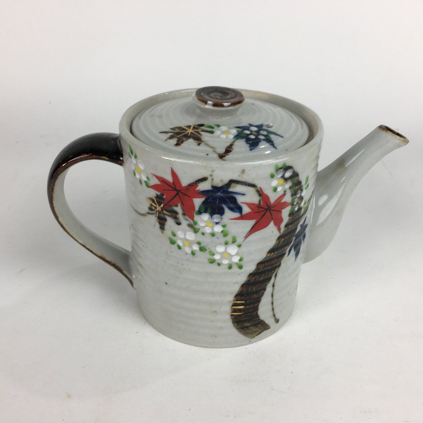 Japanese Ceramic Teapot Vtg Kyusu Gray Autumn Leaves Design Sencha PP542