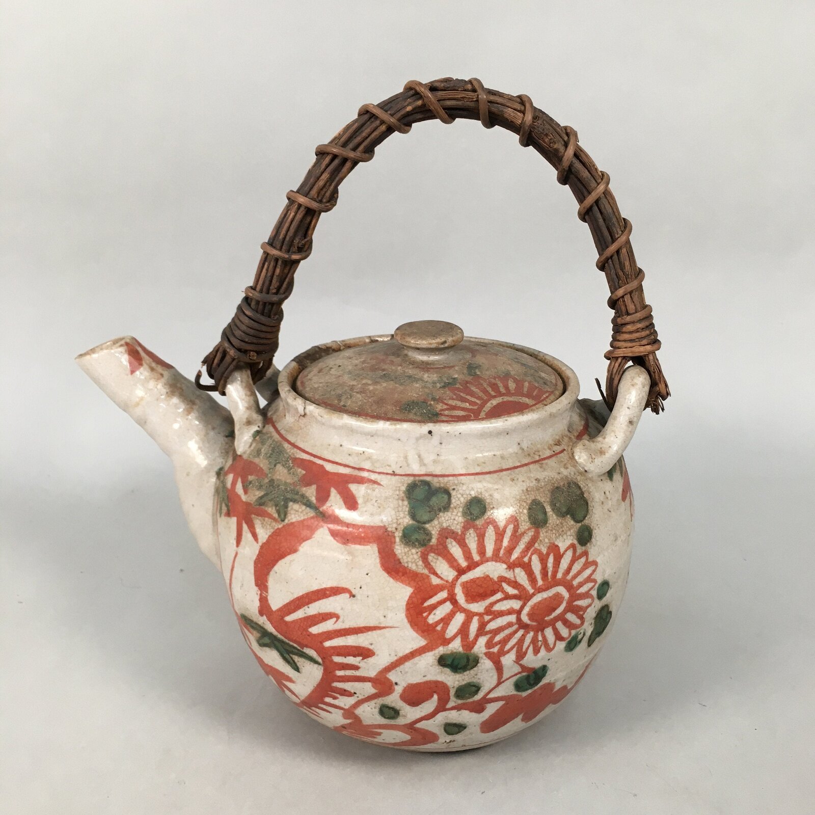 Japanese Ceramic Teapot Vtg Kyusu Sencha Red Flower Large Bamboo FV896