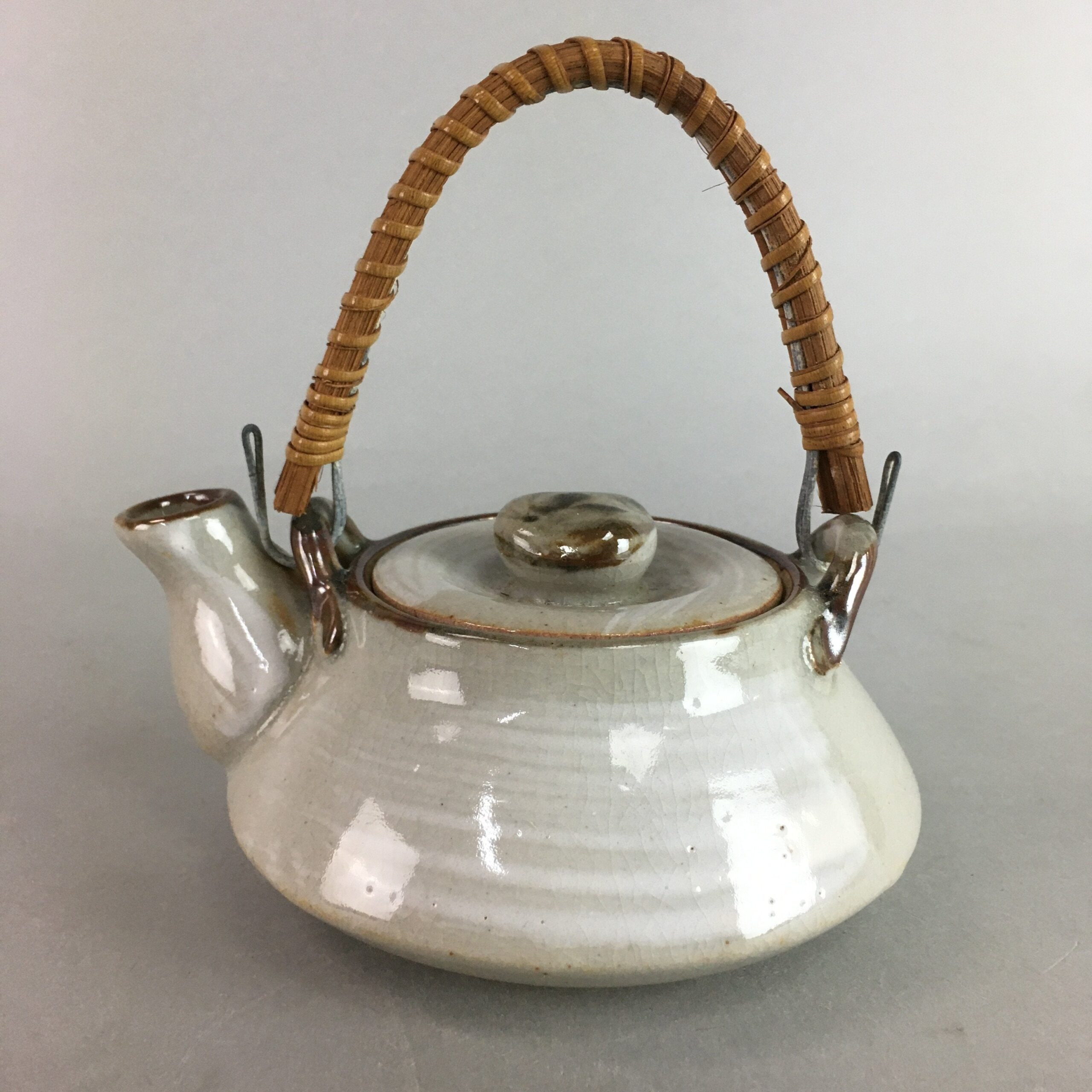 Japanese Ceramic Teapot Vtg Pottery Kyusu Gray Brush Mark White Sencha PT958
