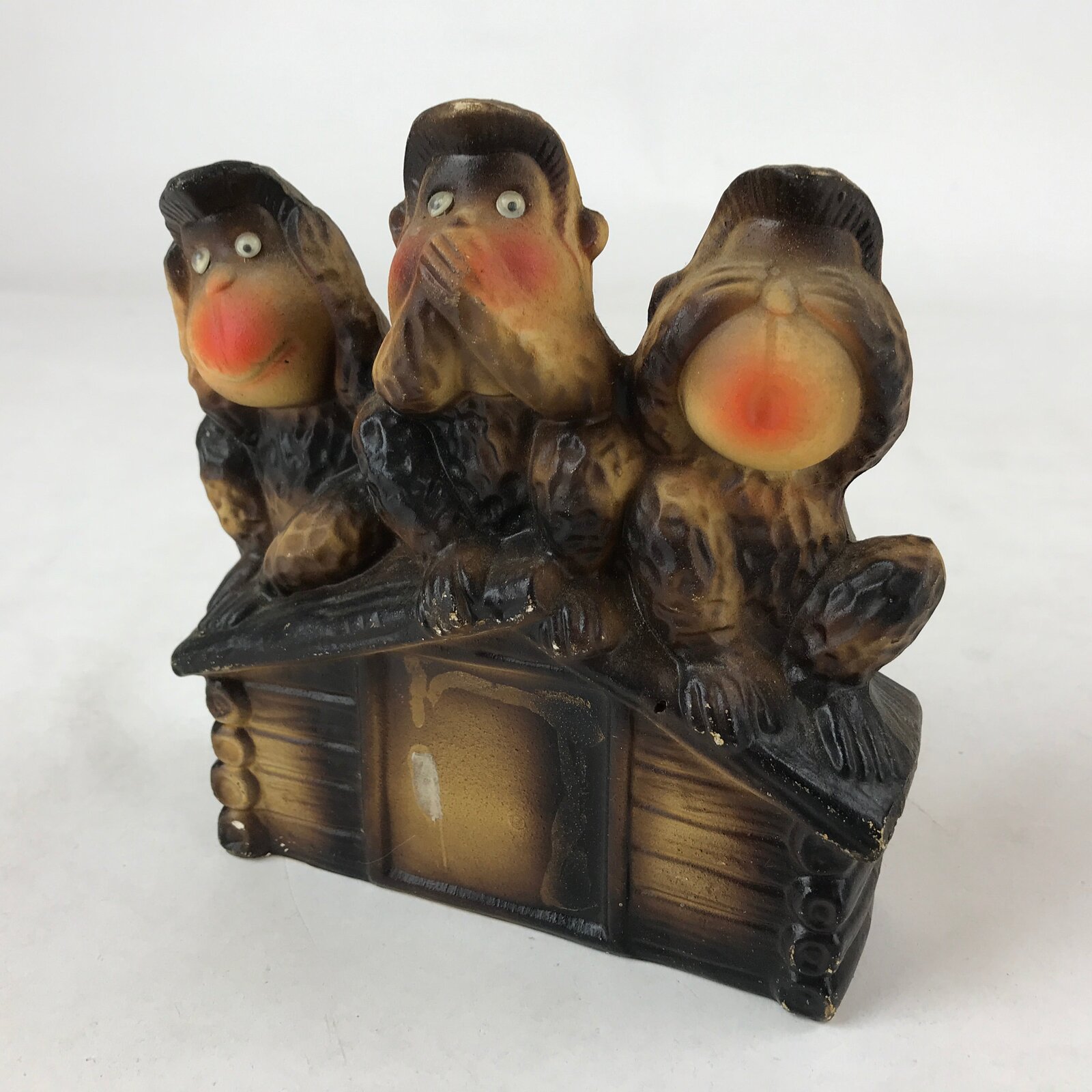 Japanese Ceramic Three Wise Monkeys Coin Bank Vtg Sanzaru Chokin Bako BD954
