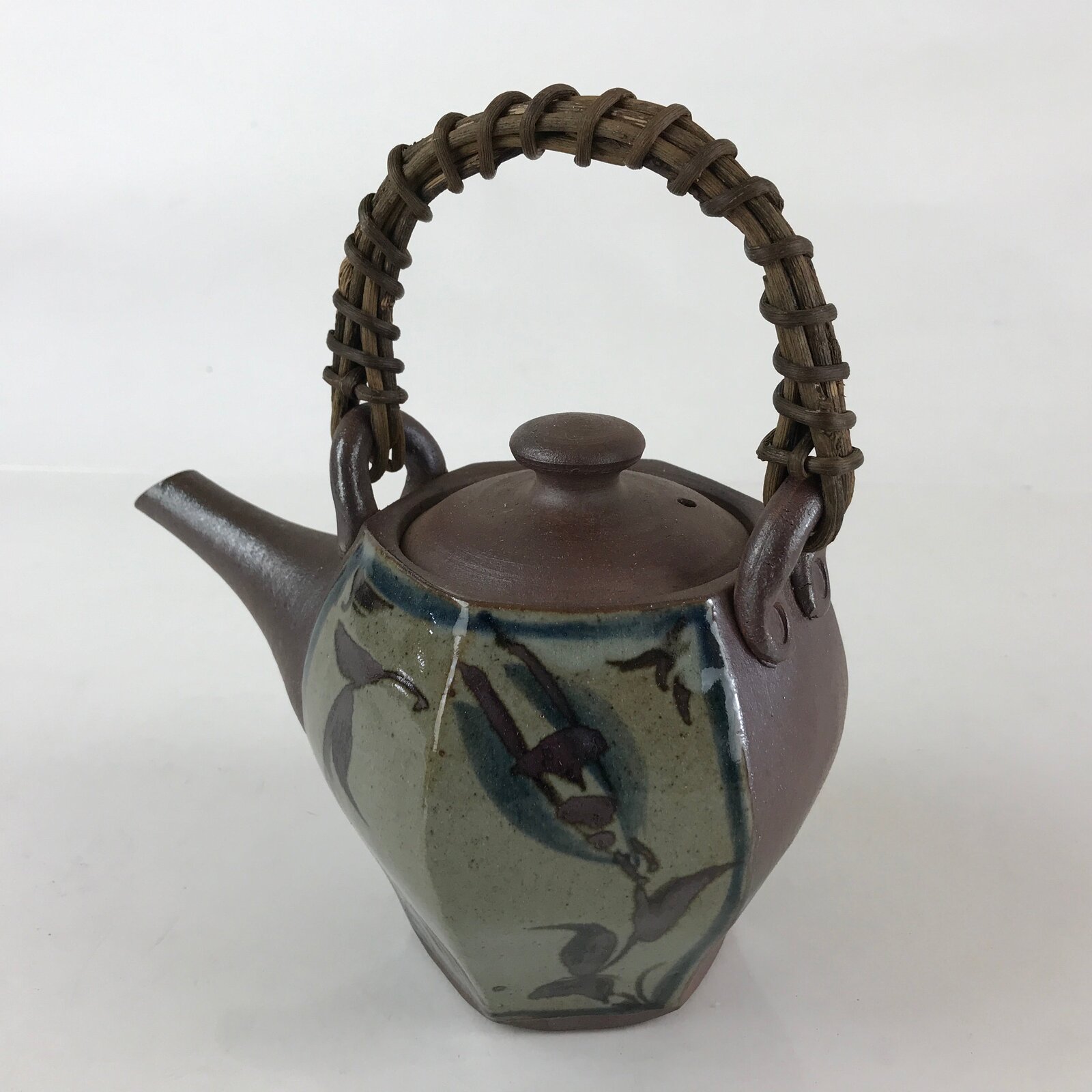 Japanese Ceramic Tokoname Ware Teapot Kyusu Vtg Brown Plant Vine Handle PY246