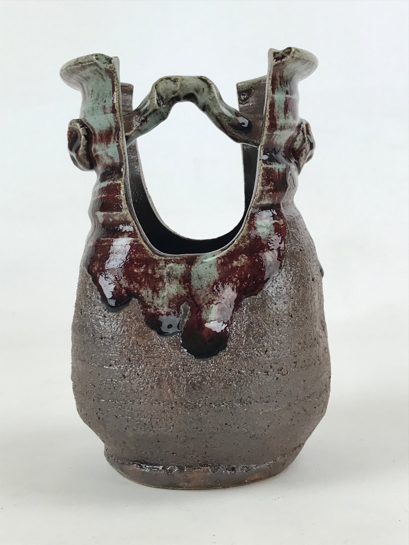 Japanese Ceramic Vase Kabin Vtg Brown Ikebana Flower Arrangement Box FK72