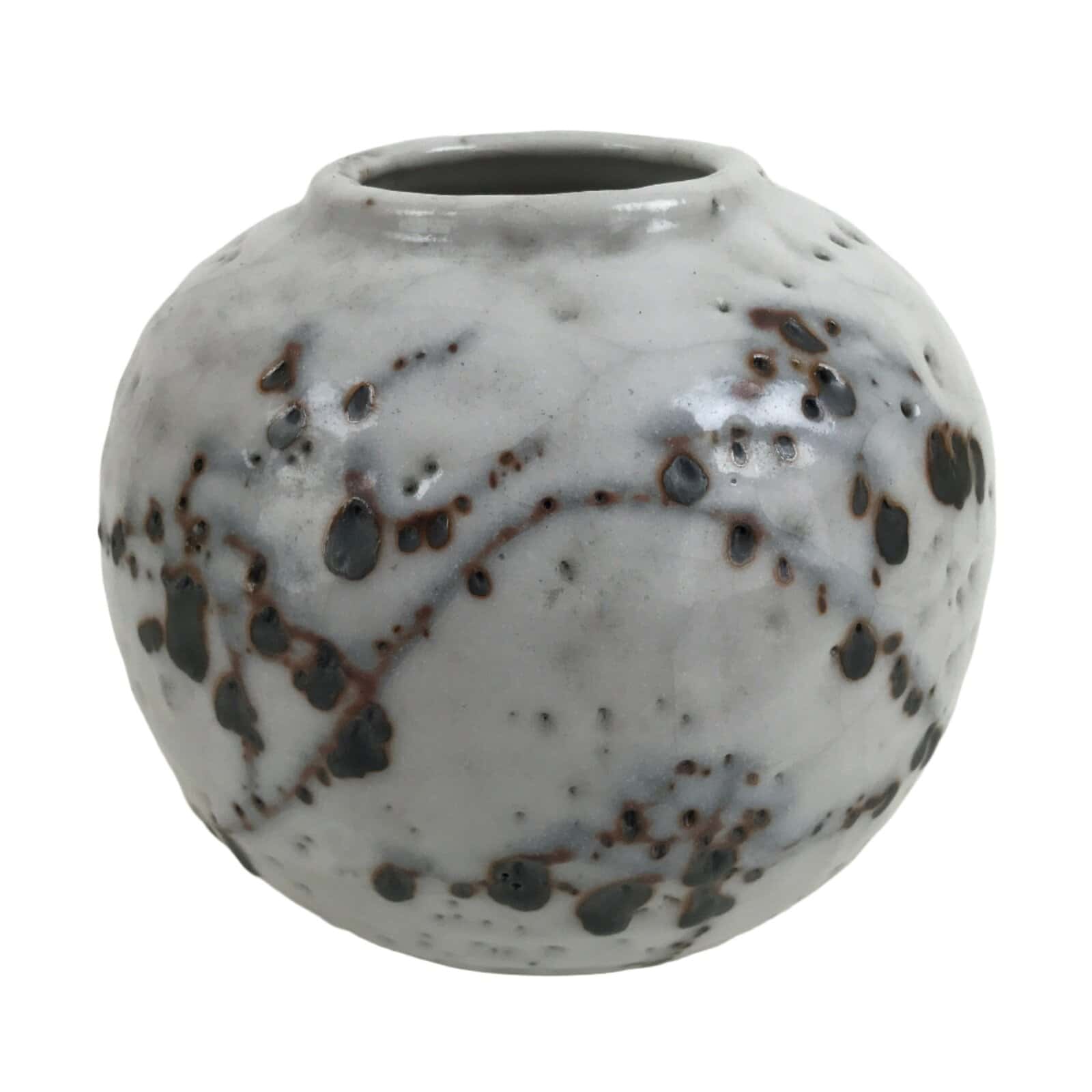 Japanese Ceramic Yuki Shino Ware Flower Vase Vtg Ikebana Kabin White Round FK119