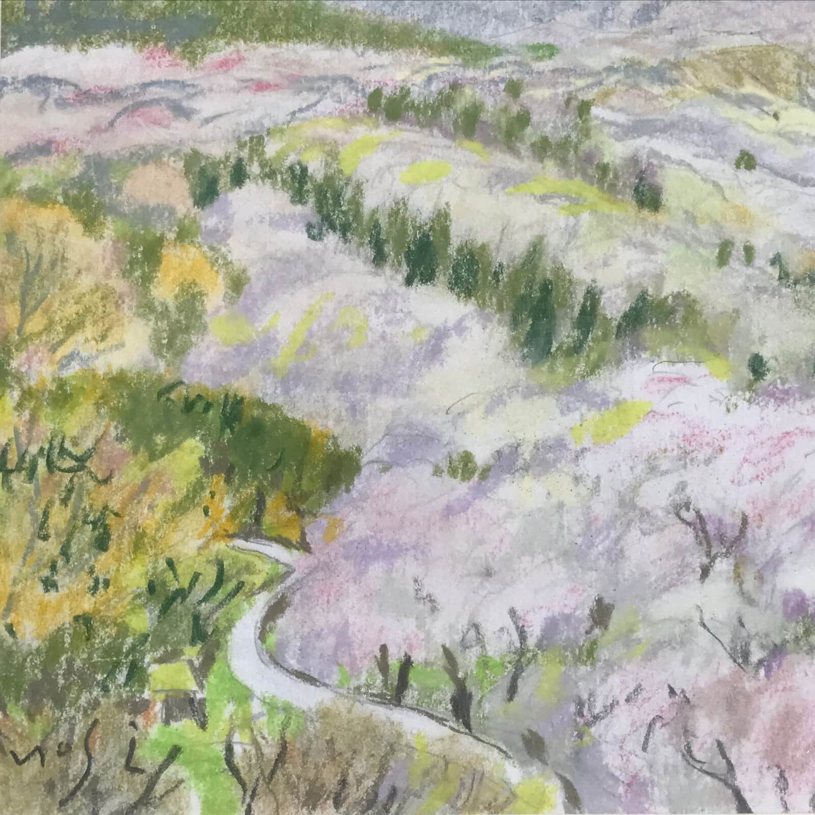 Japanese Cherry Blossom Valley Pastel Drawing Art Signed Yoshihiro Hagino FL301