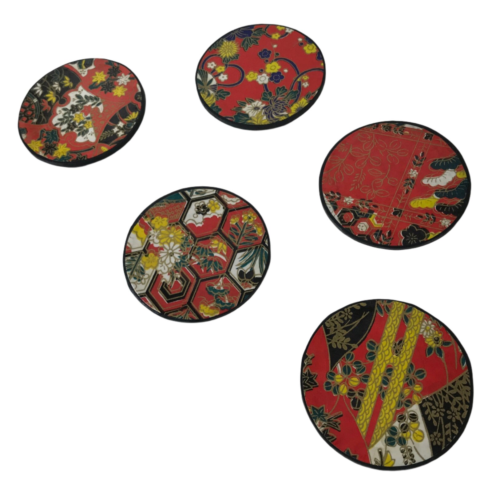 Japanese Chiyogami Paper Drink Saucer Chataku Coaster 5pc Kimono Red Gold L386