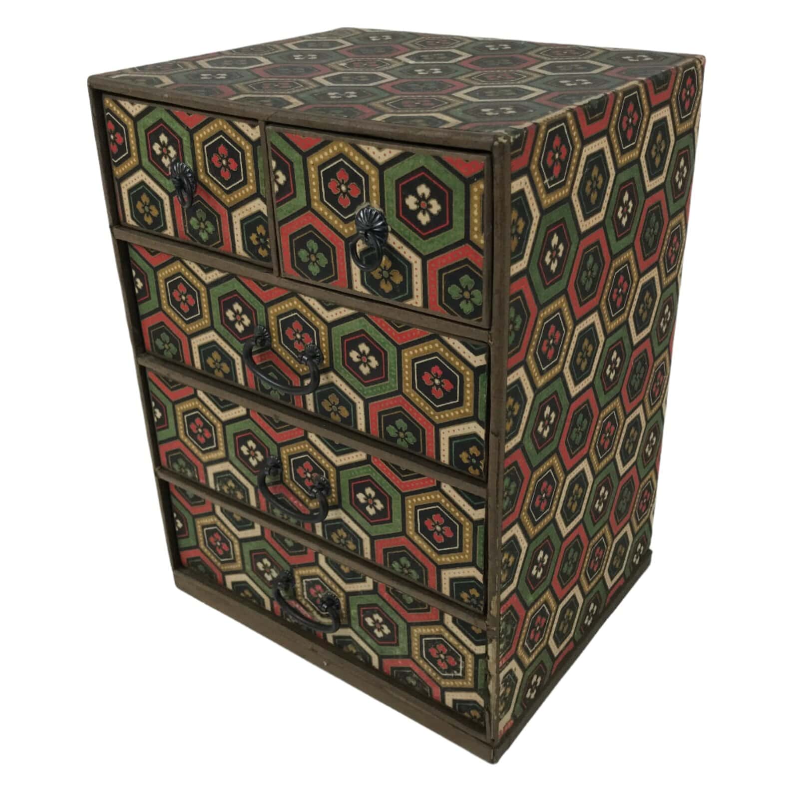 Japanese Chiyogami Paper Tansu Chest Vtg Haribako 5 Drawer Kikkou Hanabishi T403