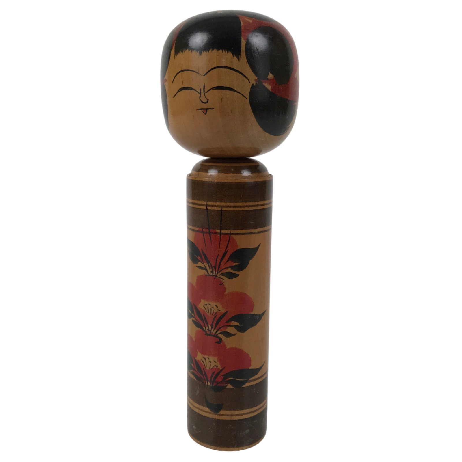 Japanese Classic Wooden Kokeshi Doll Vtg Black Red Brown Traditional Craft KF770