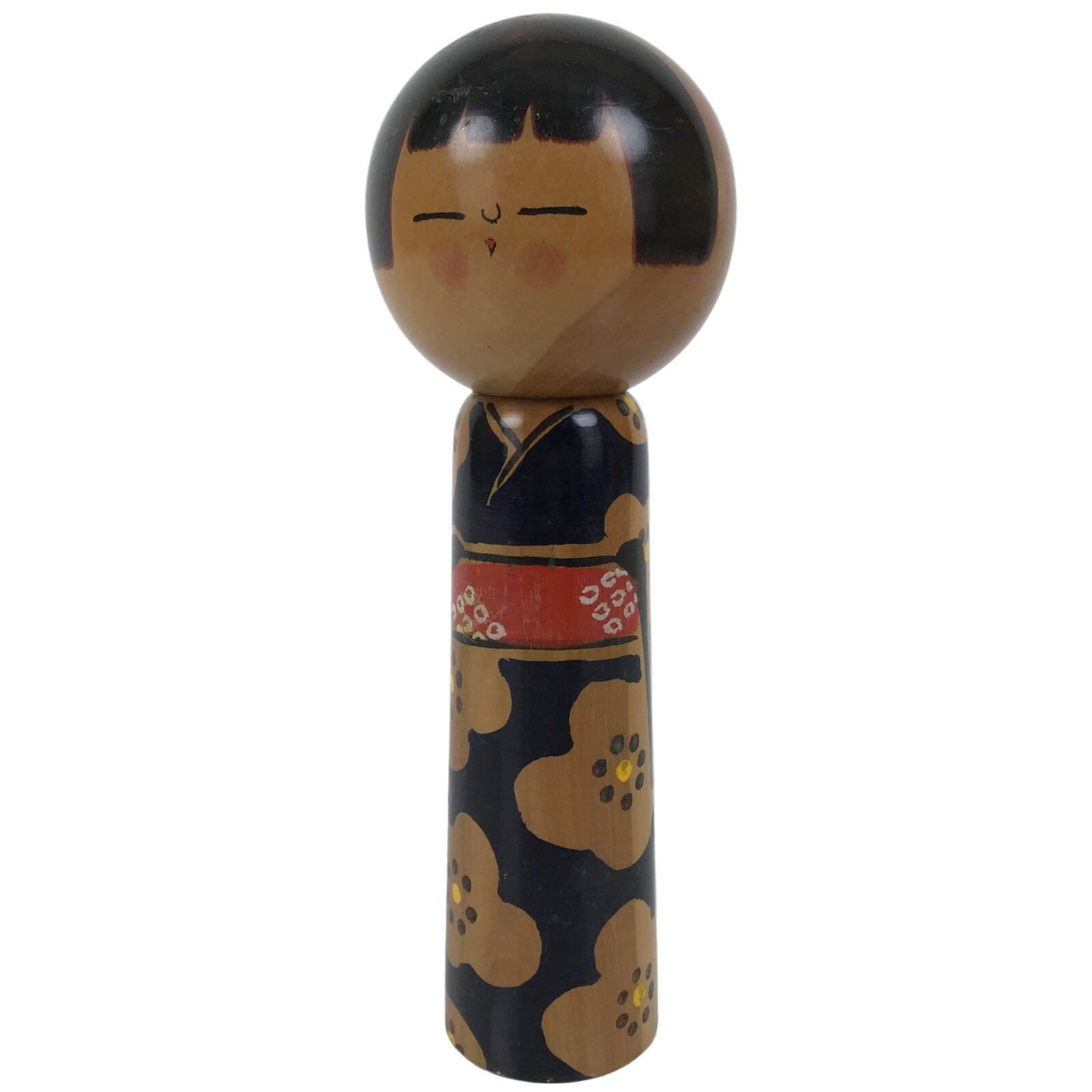 Japanese Classic Wooden Kokeshi Doll Vtg Black Red Brown Traditional Craft KF779
