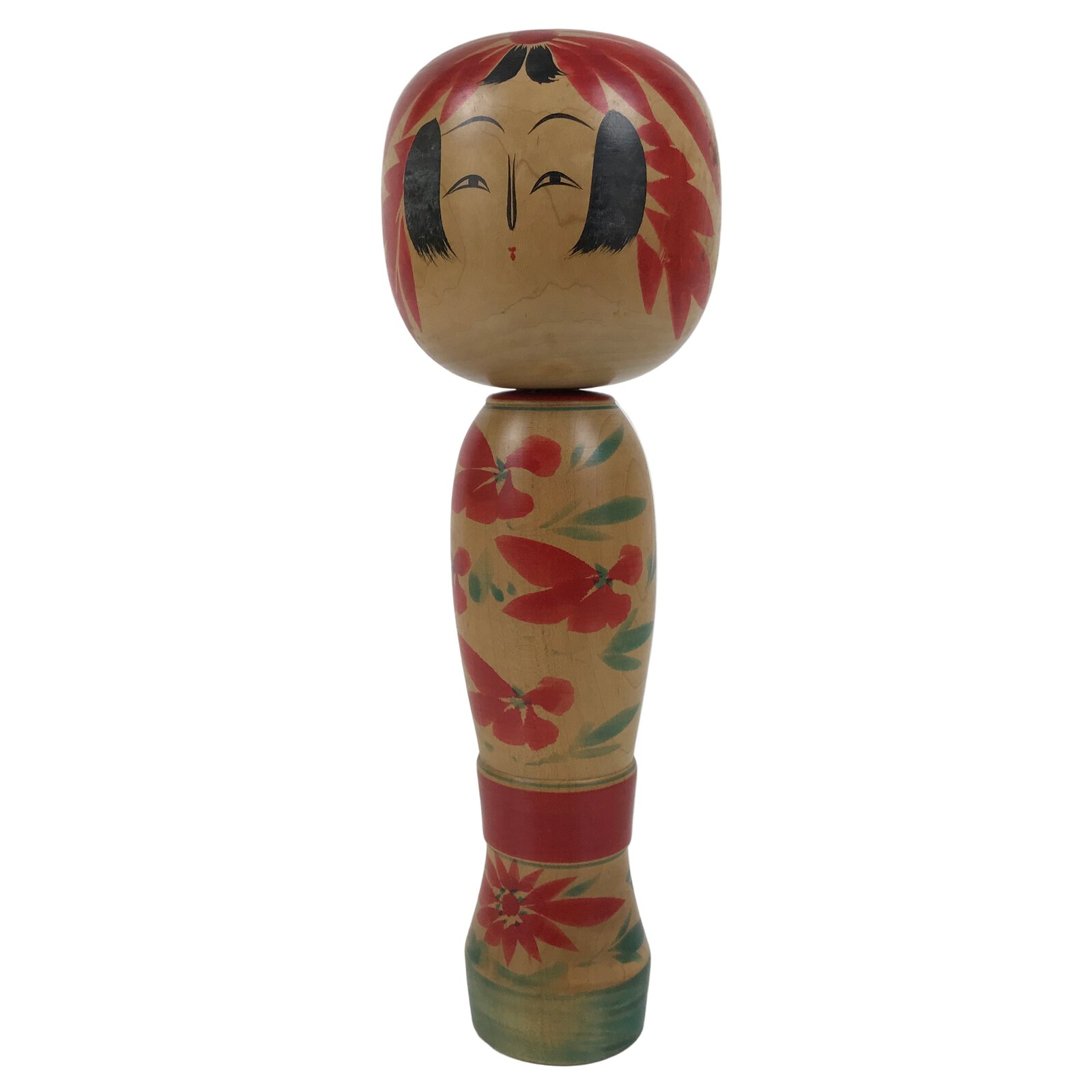 Japanese Classic Wooden Kokeshi Doll Vtg Black Red Green Traditional Craft KF772