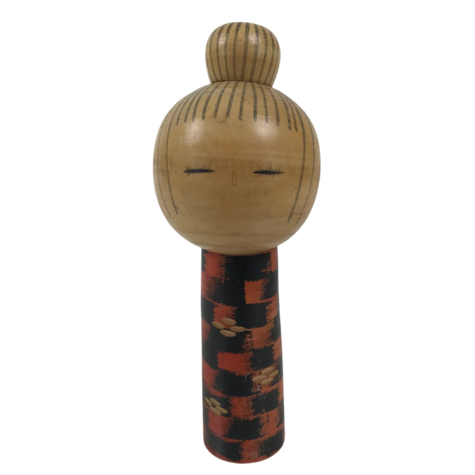 Japanese Classic Wooden Kokeshi Doll Vtg Hair Bun Red Black Check Flowers KF737