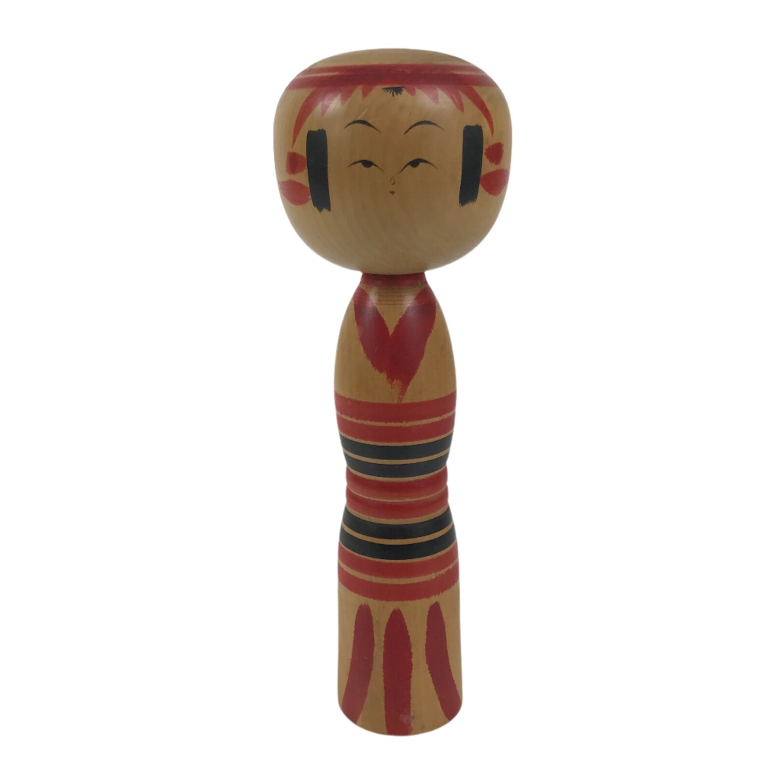 Japanese Classic Wooden Kokeshi Doll Vtg Hair Hime Cut Red Black Kimono KF739