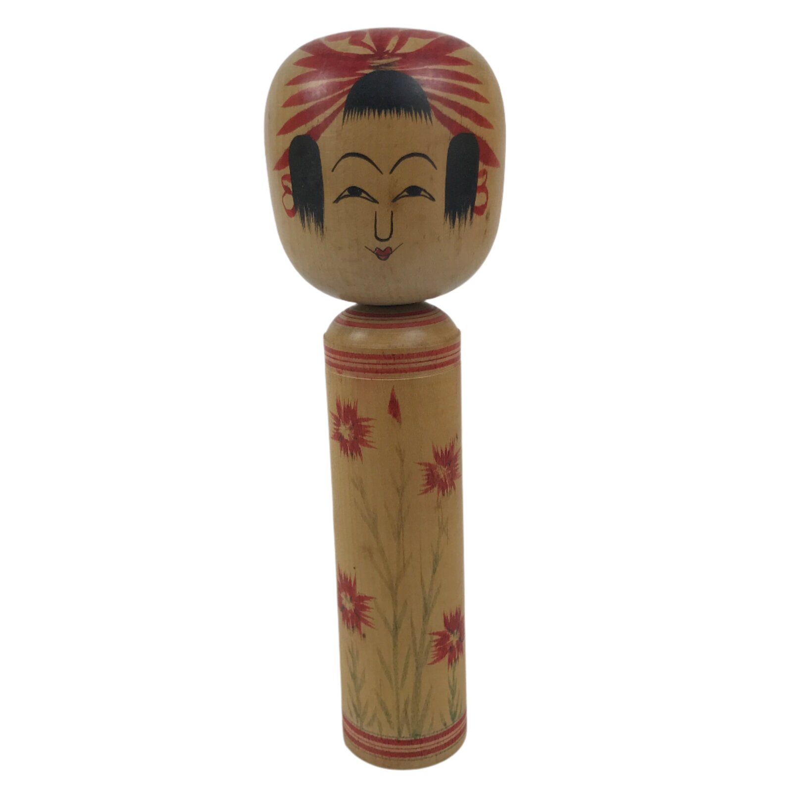 Japanese Classic Wooden Kokeshi Doll Vtg Hair Hime Cut Red Black Nadeshiko KF740