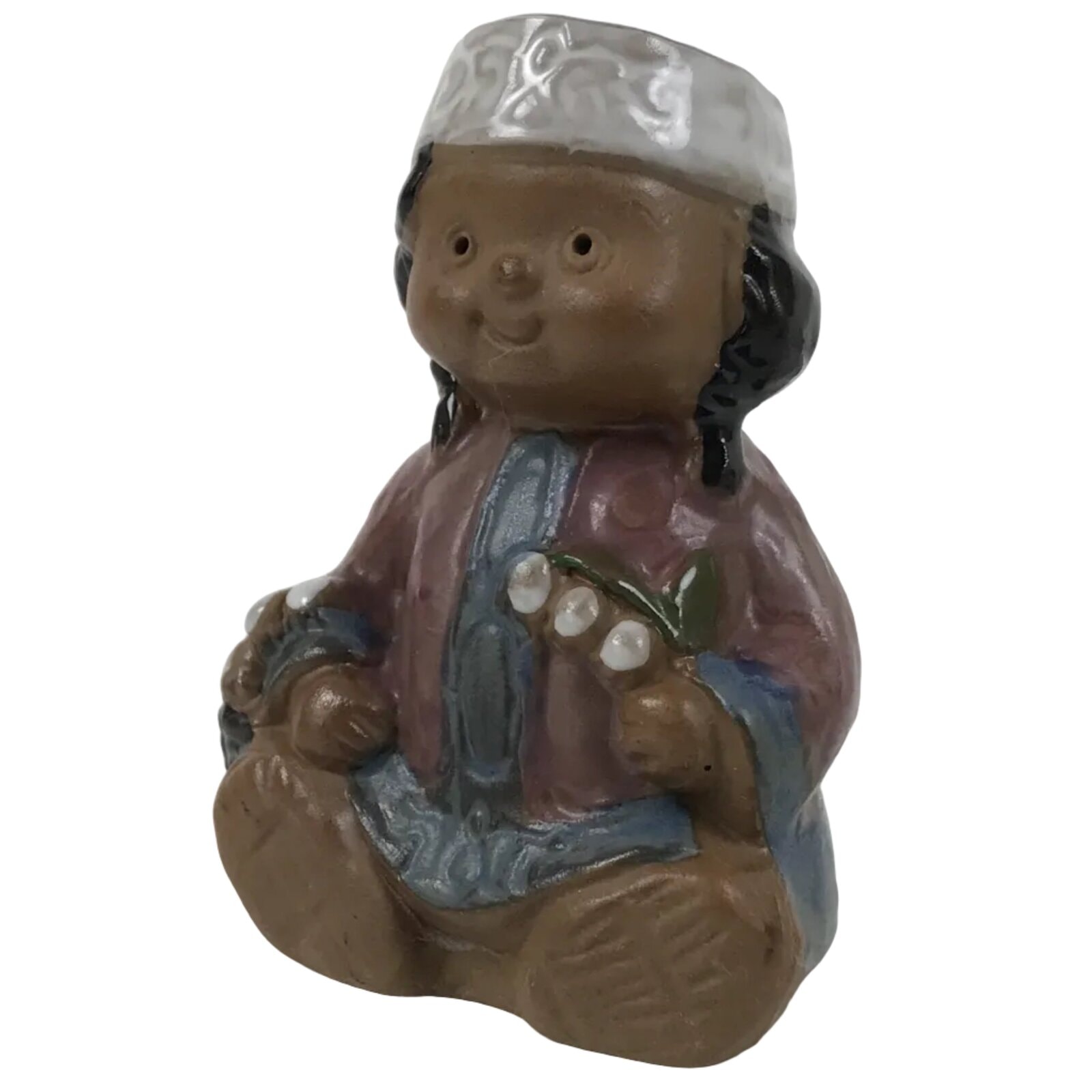 Japanese Clay Bell Ainu Girl Dorei Vtg Tsuchi-Suzu Black Brown Blue Glaze DR601