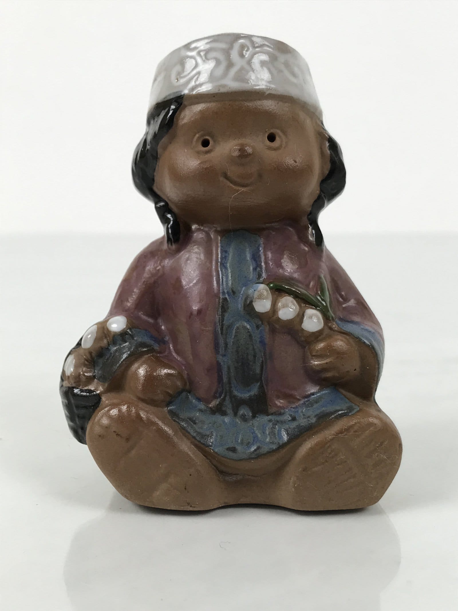 Japanese Clay Bell Ainu Girl Dorei Vtg Tsuchi-Suzu Black Brown Blue Glaze DR601