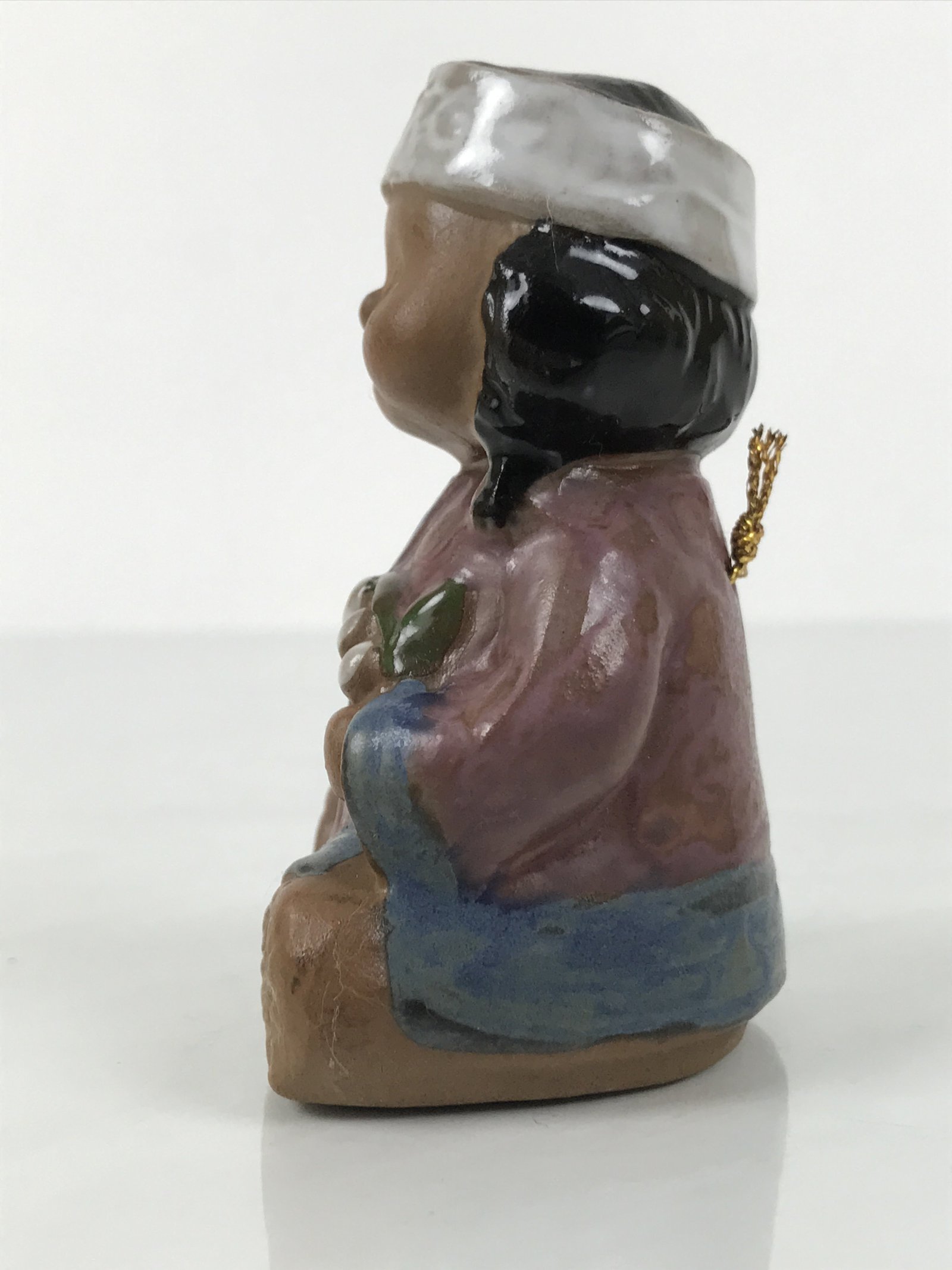 Japanese Clay Bell Ainu Girl Dorei Vtg Tsuchi-Suzu Black Brown Blue Glaze DR601