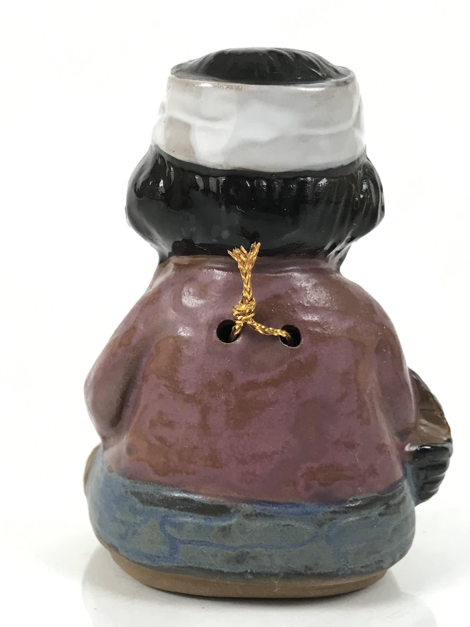 Japanese Clay Bell Ainu Girl Dorei Vtg Tsuchi-Suzu Black Brown Blue Glaze DR601