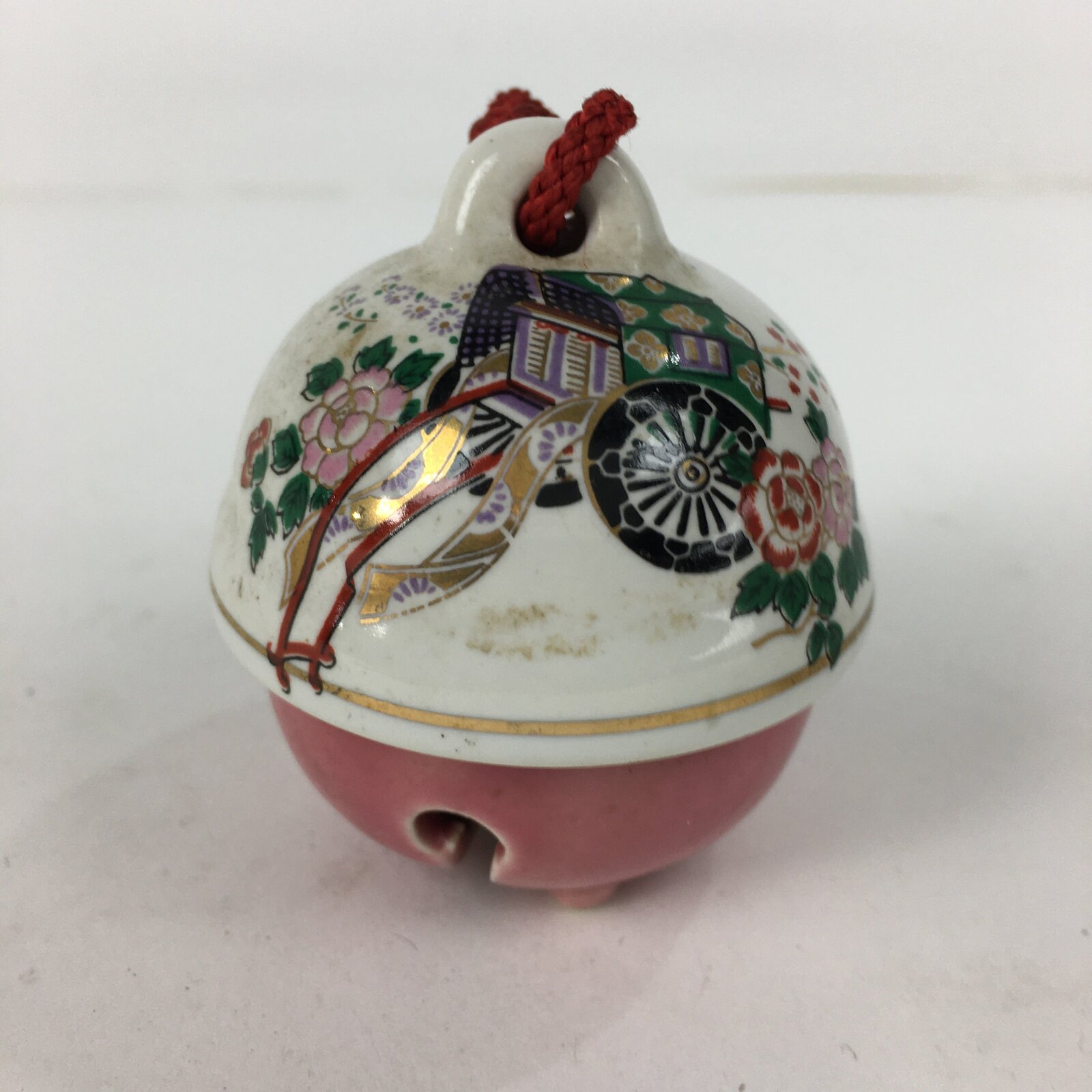 Japanese Clay Bell Dorei Kutani Ware Vtg Ceramic Doll Rickshaw Flower DR353