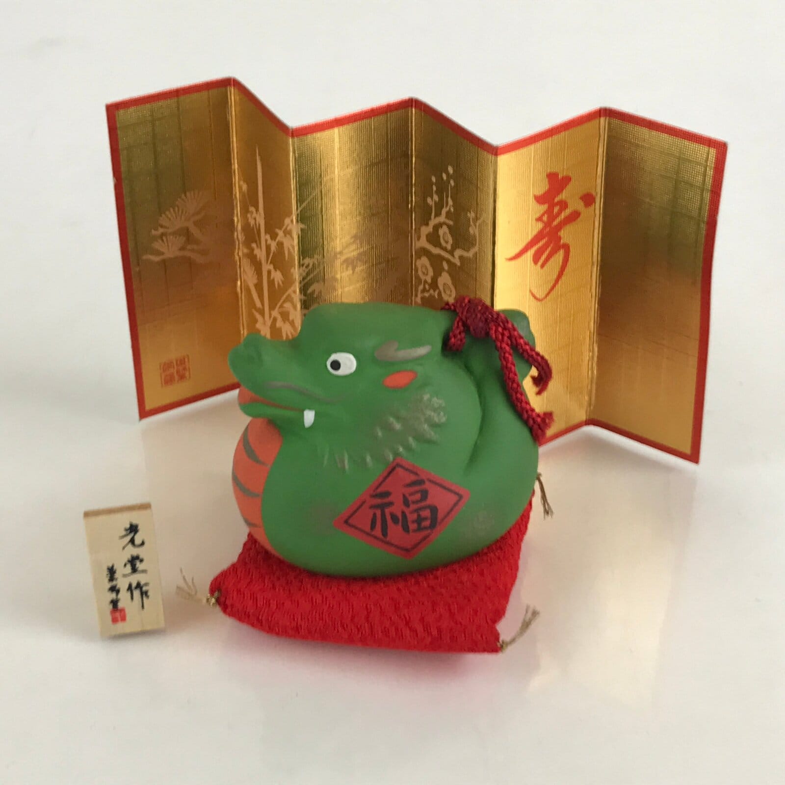 Japanese Clay Bell Dorei Tsuchi-Suzu Ceramic Doll Zodiac Green Dragon Amulet DR4