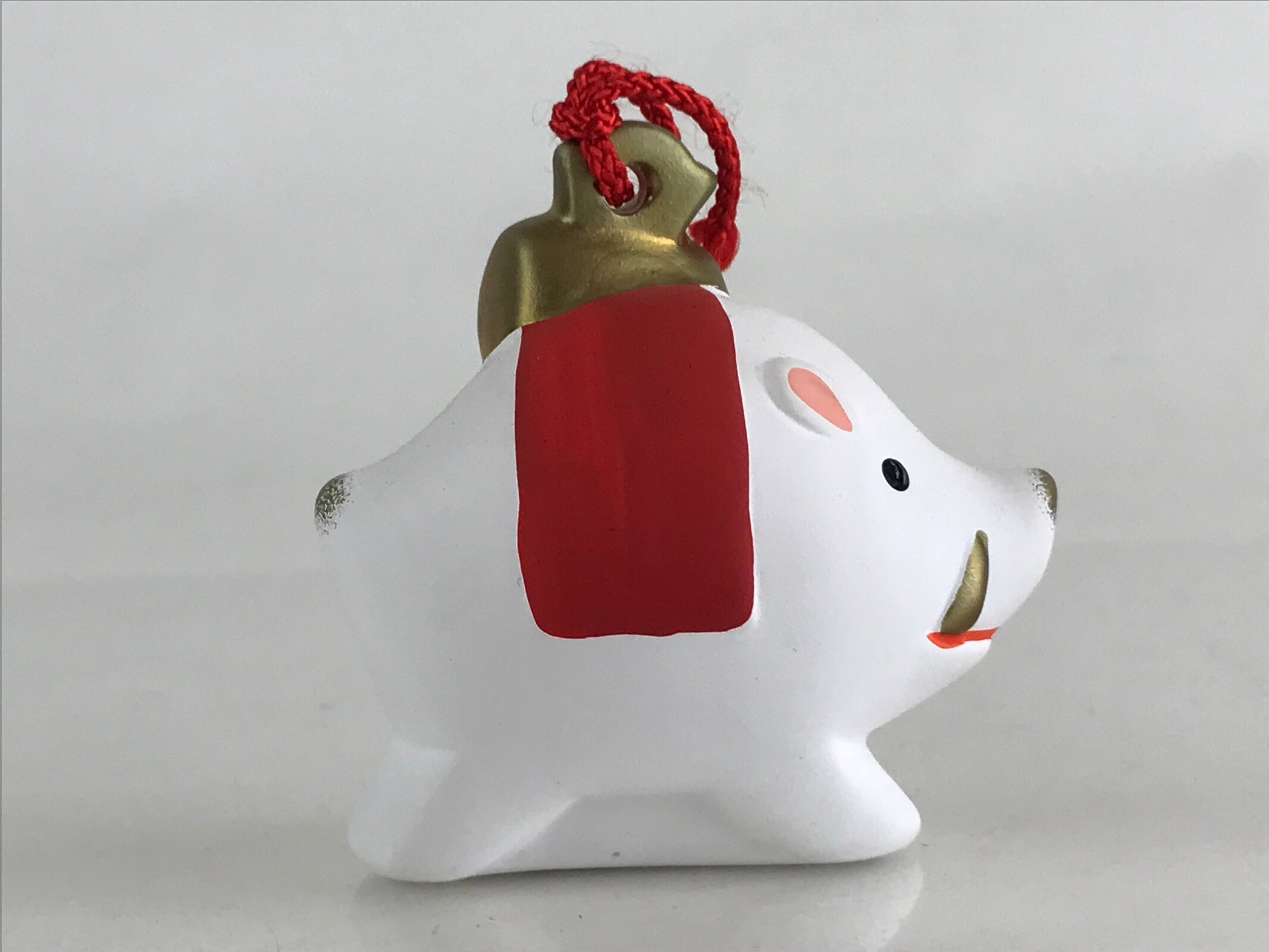 Japanese Clay Bell Dorei Tsuchi-Suzu Ceramic Doll Zodiac White Boar Amulet DR422