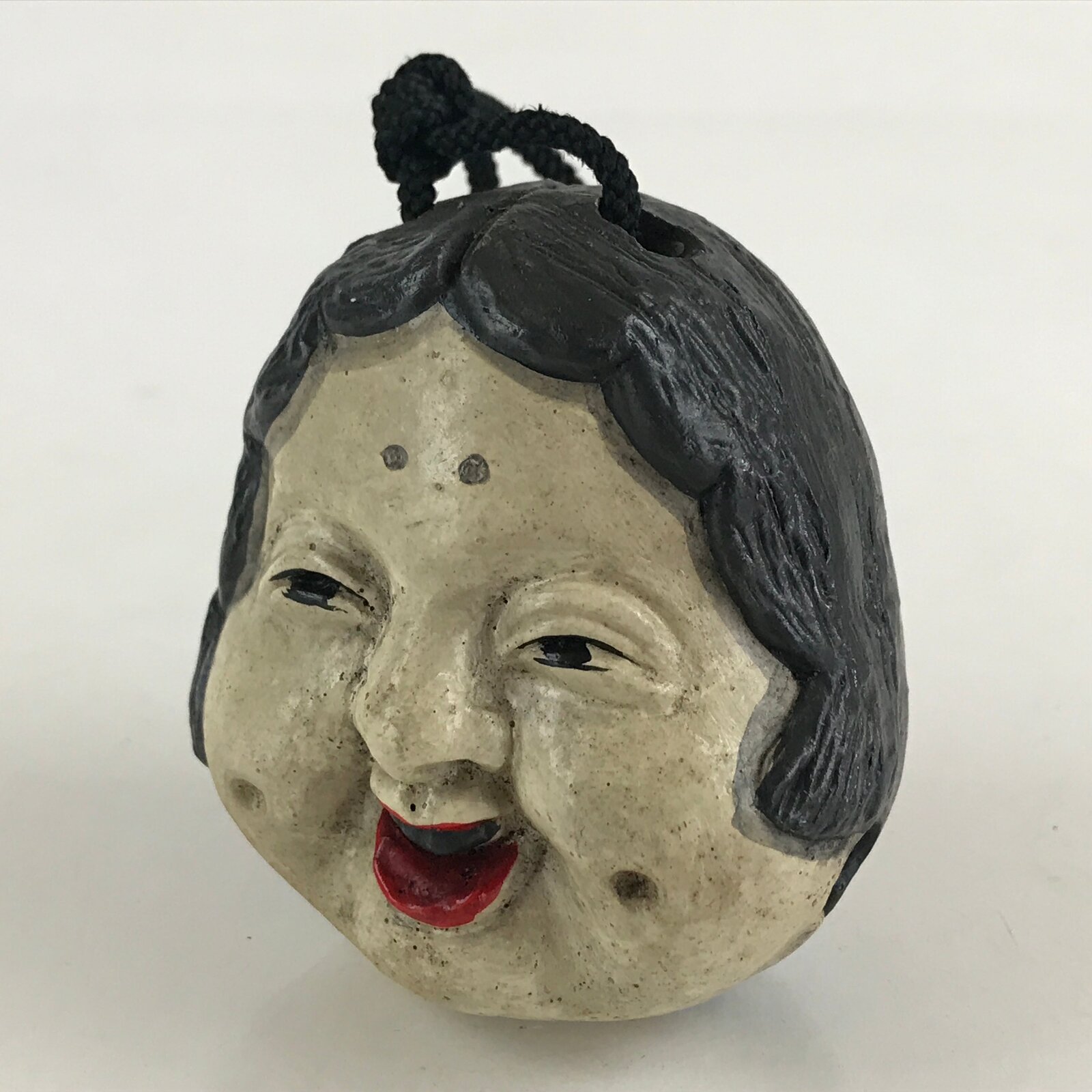 Japanese Clay Bell Dorei Tsuchi-Suzu Ceramic Okame Face Woman Vtg Amulet DR449
