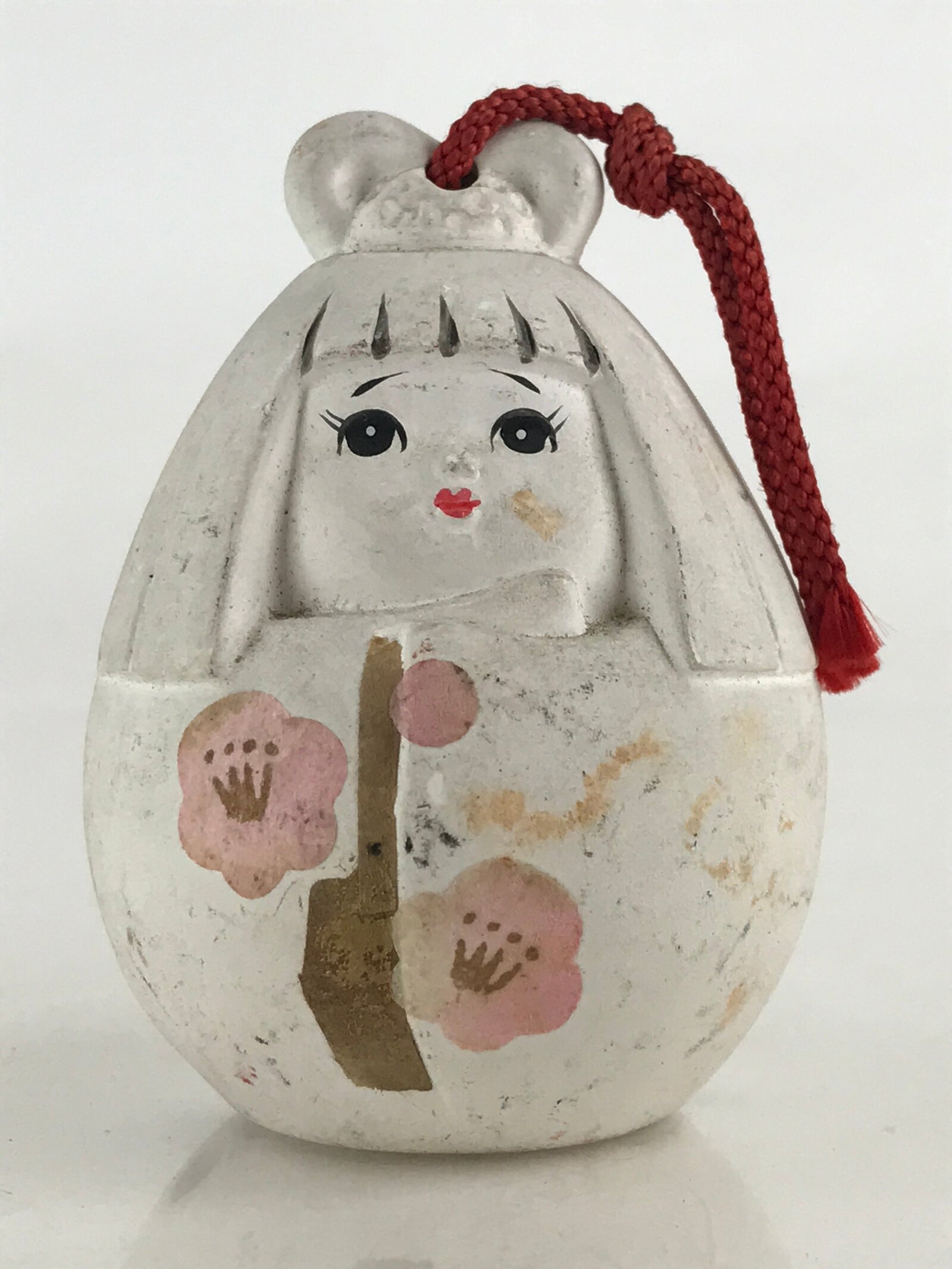 Japanese Clay Bell Dorei Tsuchi-Suzu Himedaruma Doll Princess Vtg White Amulet D