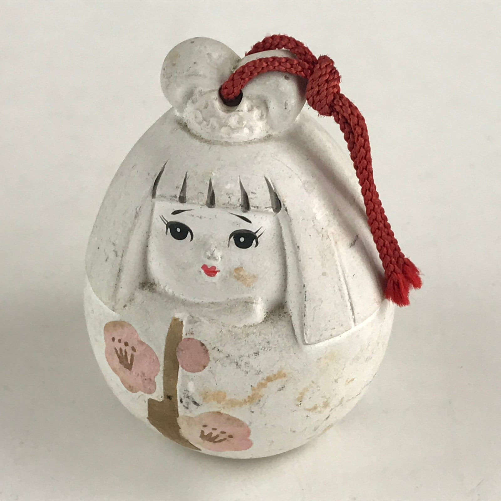 Japanese Clay Bell Dorei Tsuchi-Suzu Himedaruma Doll Princess Vtg White Amulet D