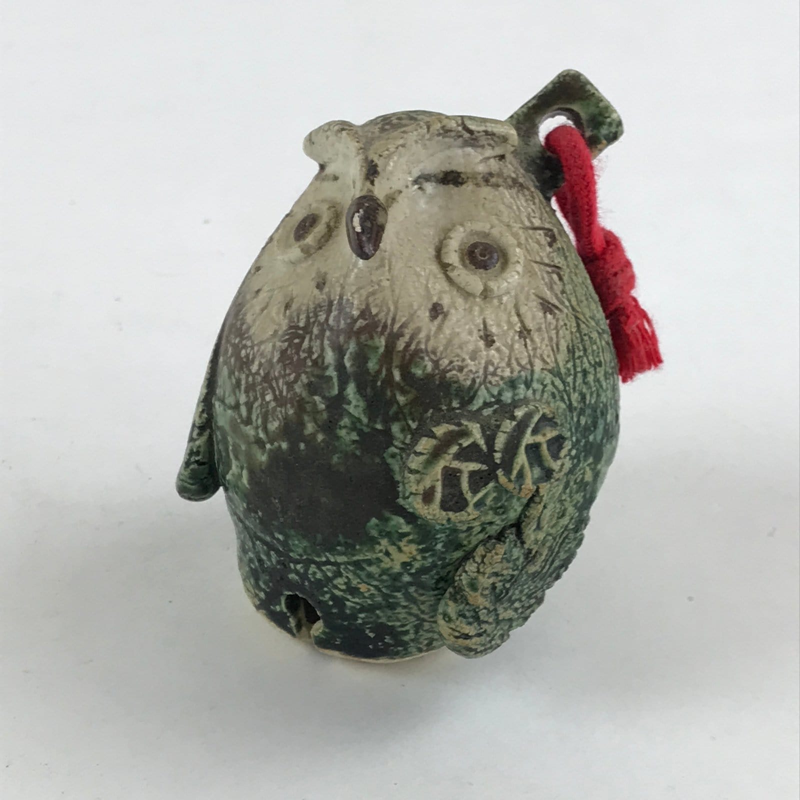 Japanese Clay Bell Dorei Tsuchi-Suzu Owl Vtg Green String Amulet DR473