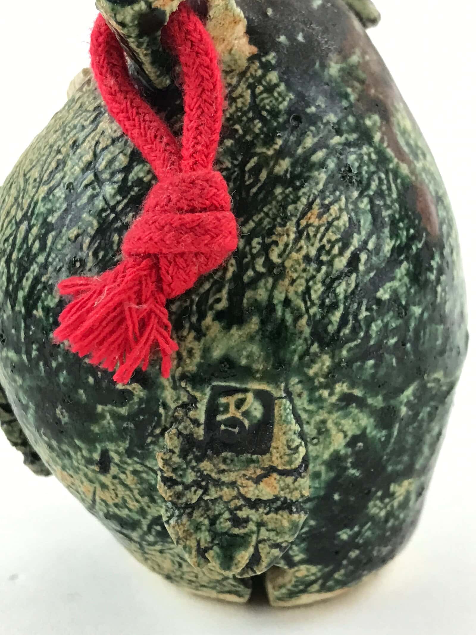 Japanese Clay Bell Dorei Tsuchi-Suzu Owl Vtg Green String Amulet DR473