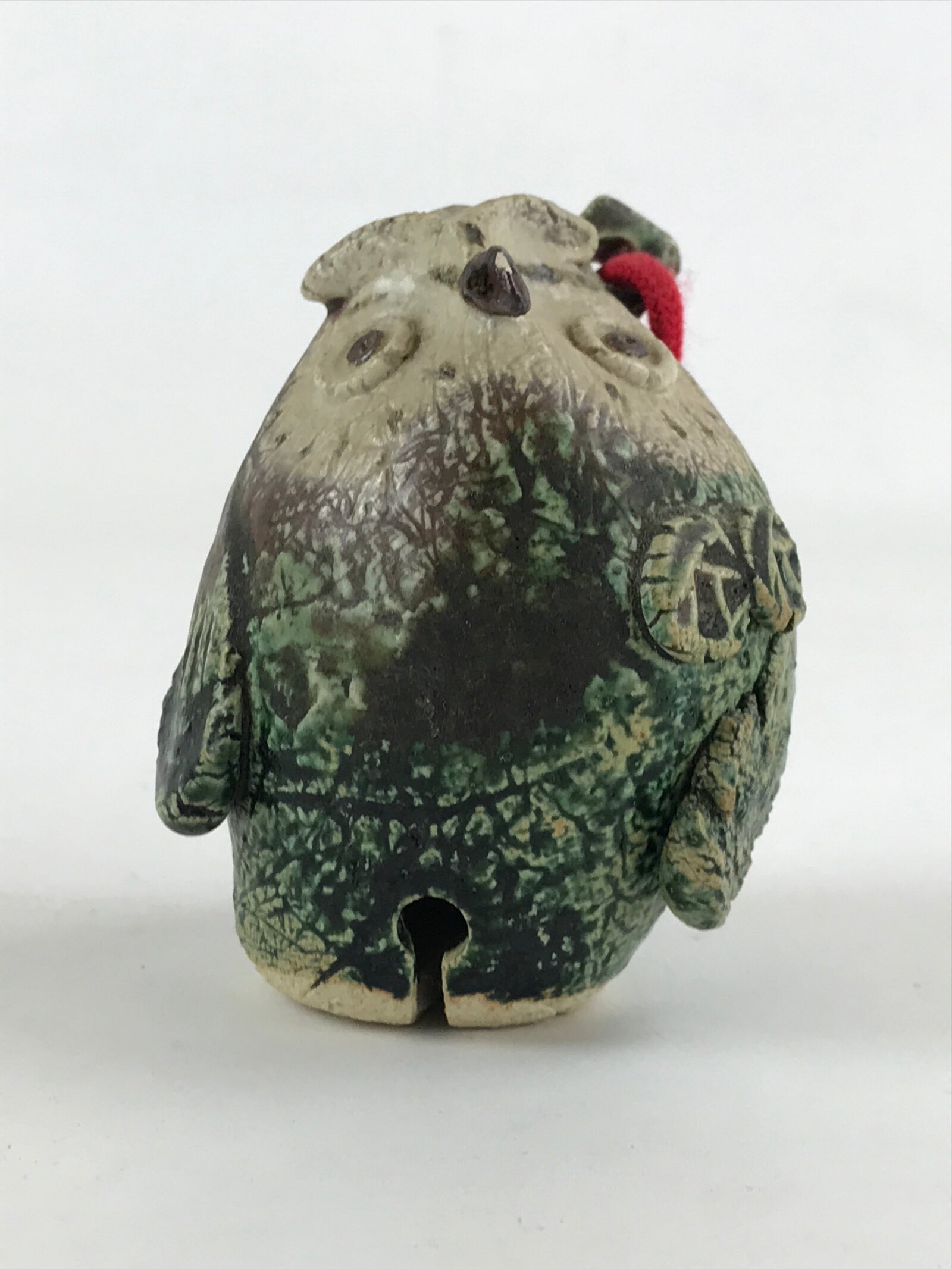 Japanese Clay Bell Dorei Tsuchi-Suzu Owl Vtg Green String Amulet DR473