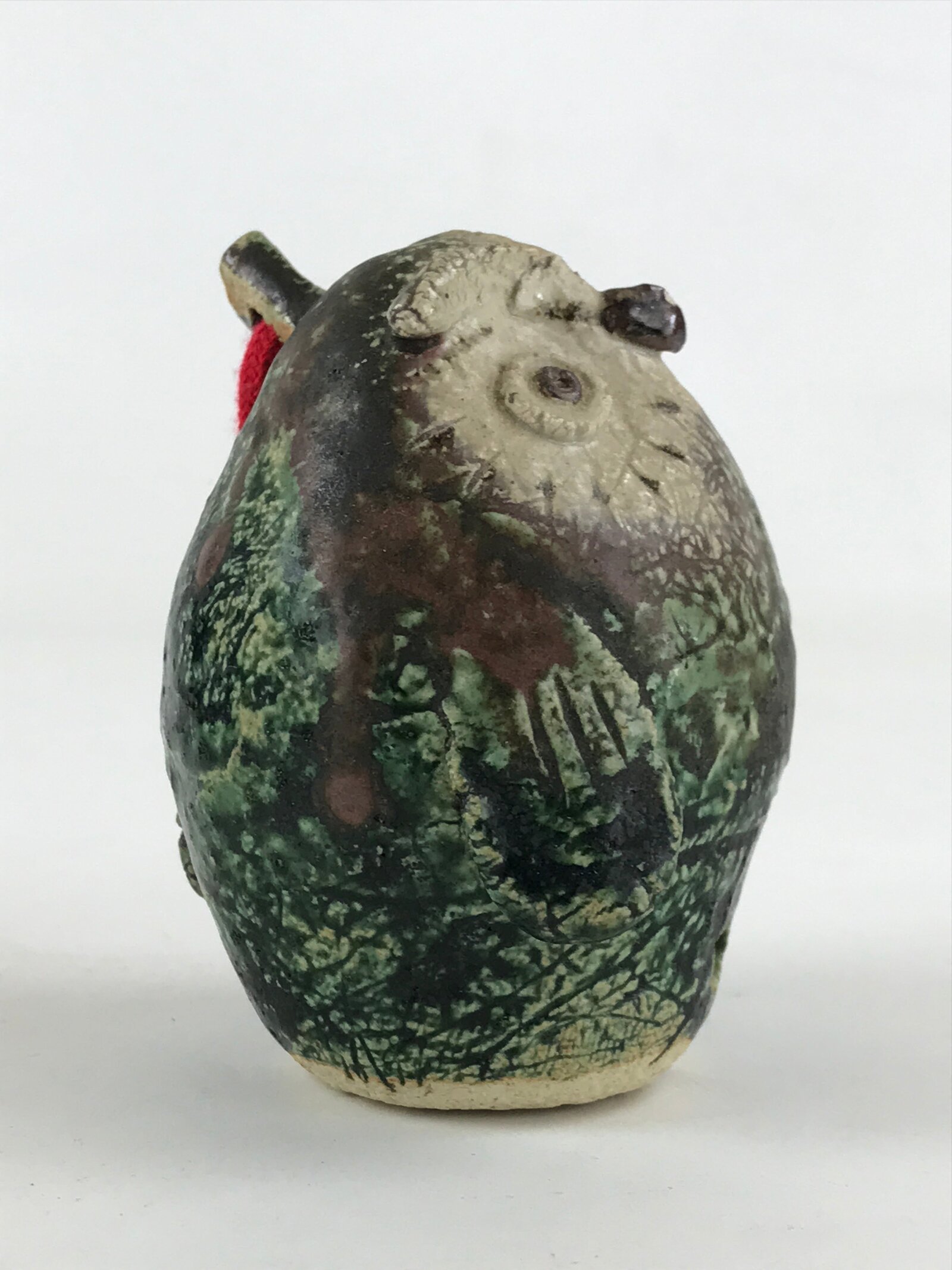 Japanese Clay Bell Dorei Tsuchi-Suzu Owl Vtg Green String Amulet DR473