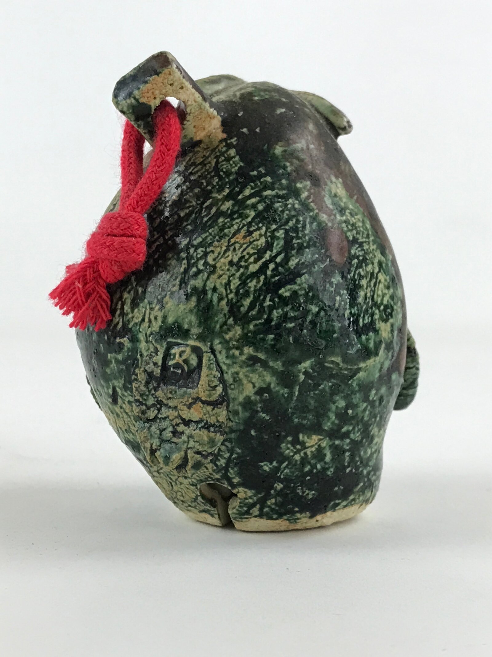 Japanese Clay Bell Dorei Tsuchi-Suzu Owl Vtg Green String Amulet DR473