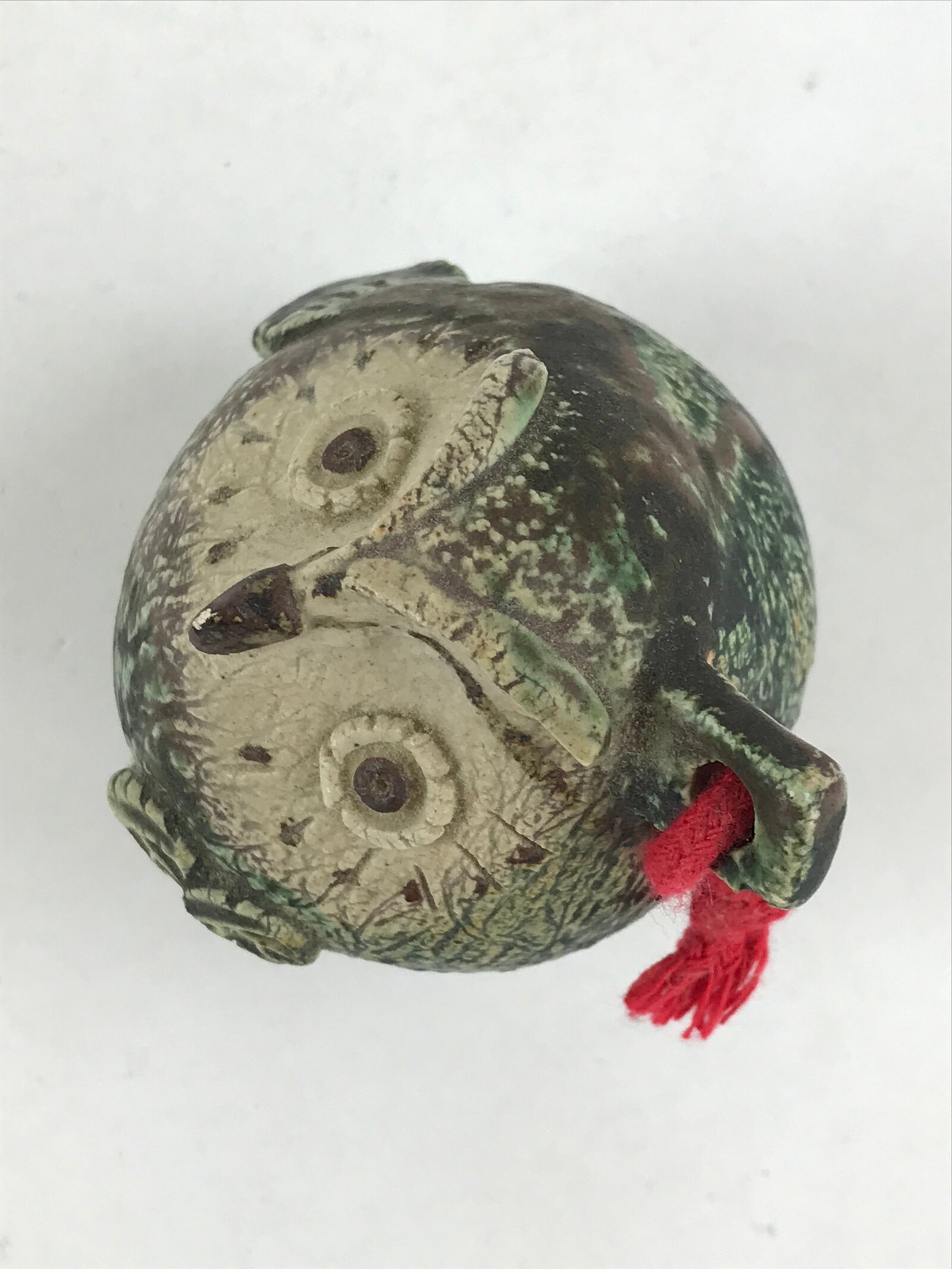 Japanese Clay Bell Dorei Tsuchi-Suzu Owl Vtg Green String Amulet DR473