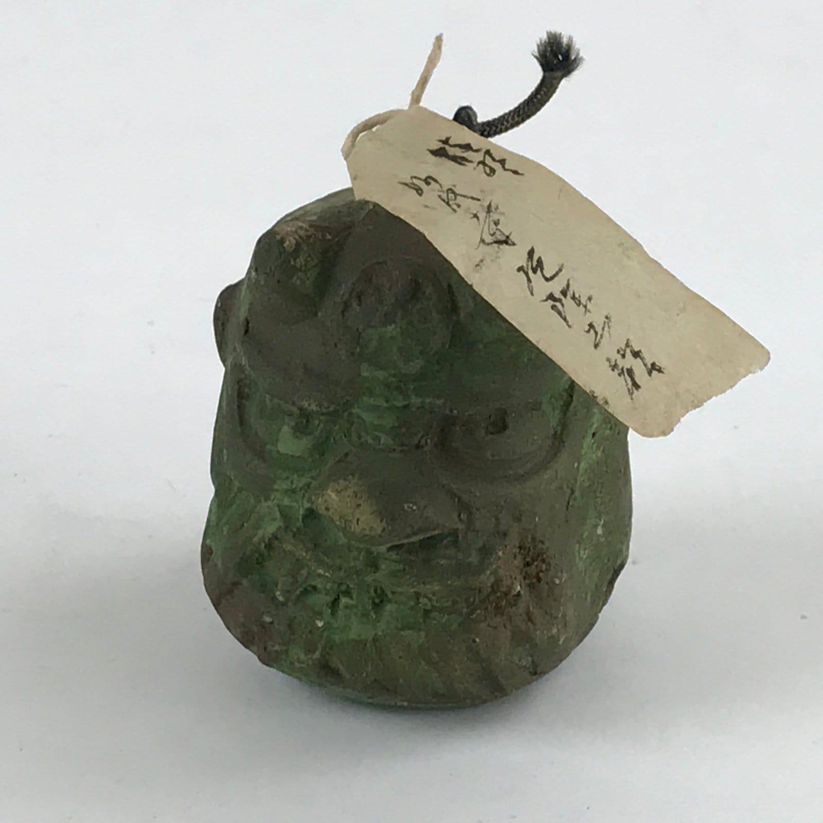 Japanese Clay Bell Dorei Tsuchi-Suzu Uramen Devil Mask Vtg Green Amulet DR474
