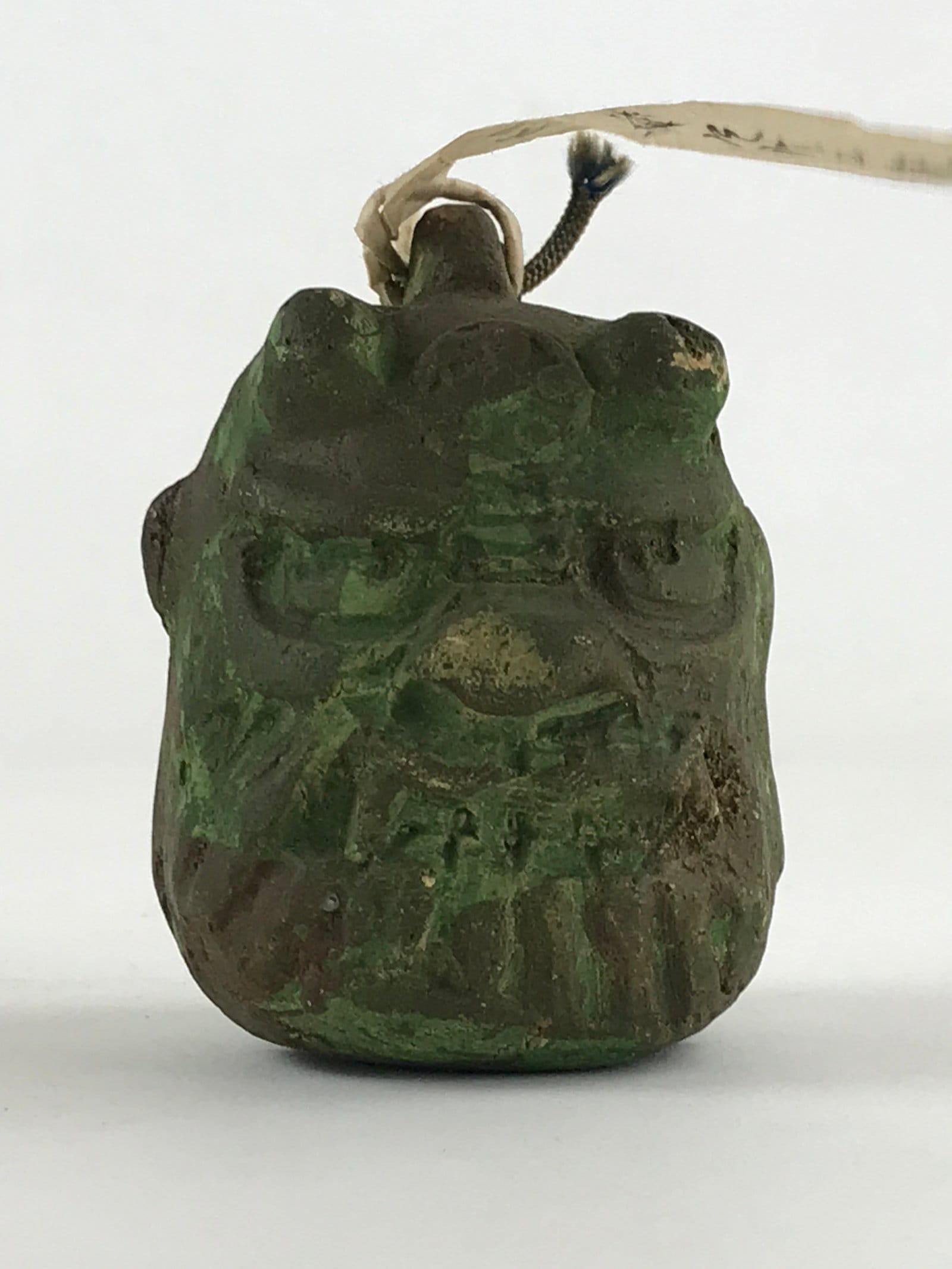 Japanese Clay Bell Dorei Tsuchi-Suzu Uramen Devil Mask Vtg Green Amulet DR474
