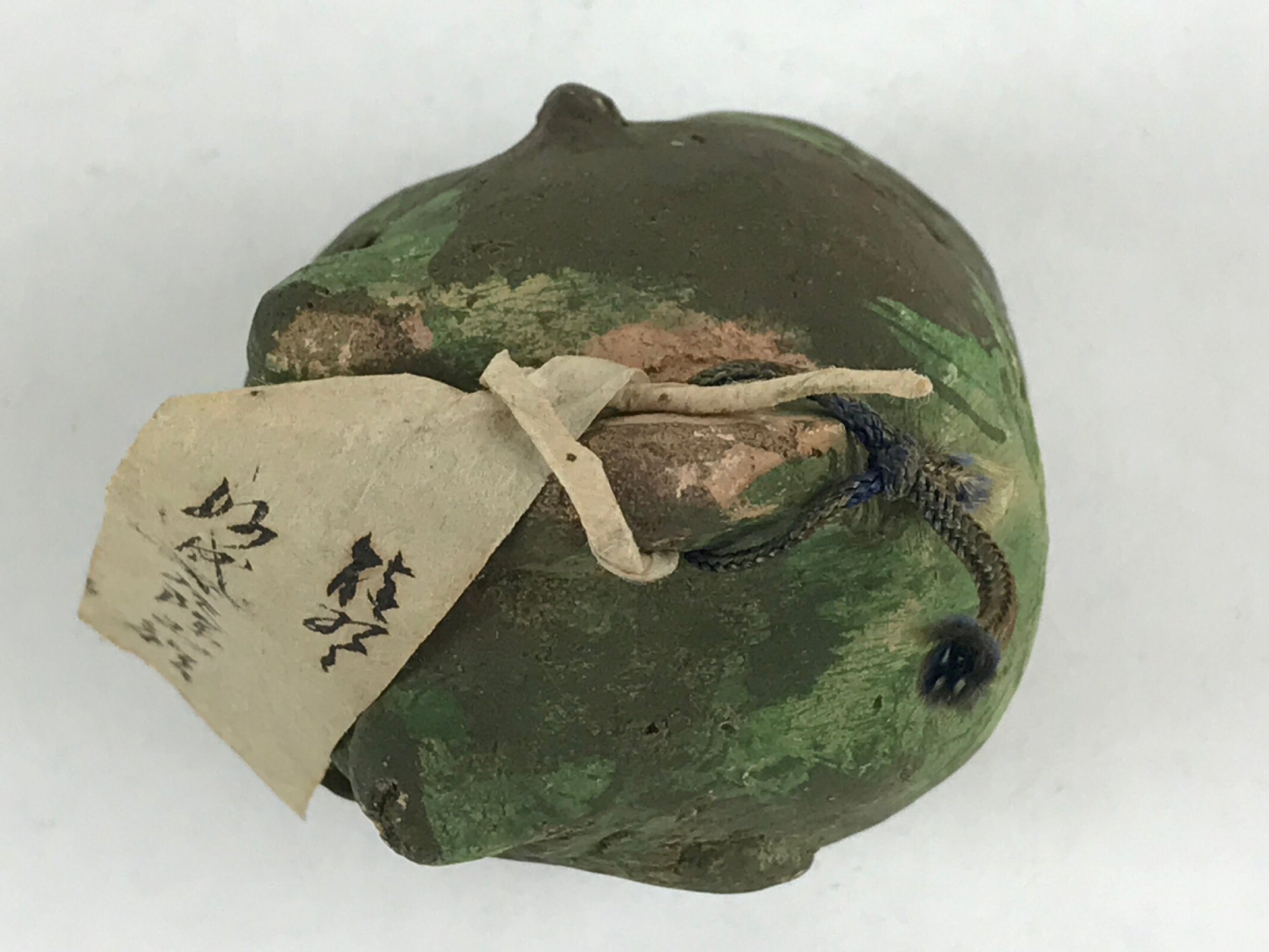 Japanese Clay Bell Dorei Tsuchi-Suzu Uramen Devil Mask Vtg Green Amulet DR474