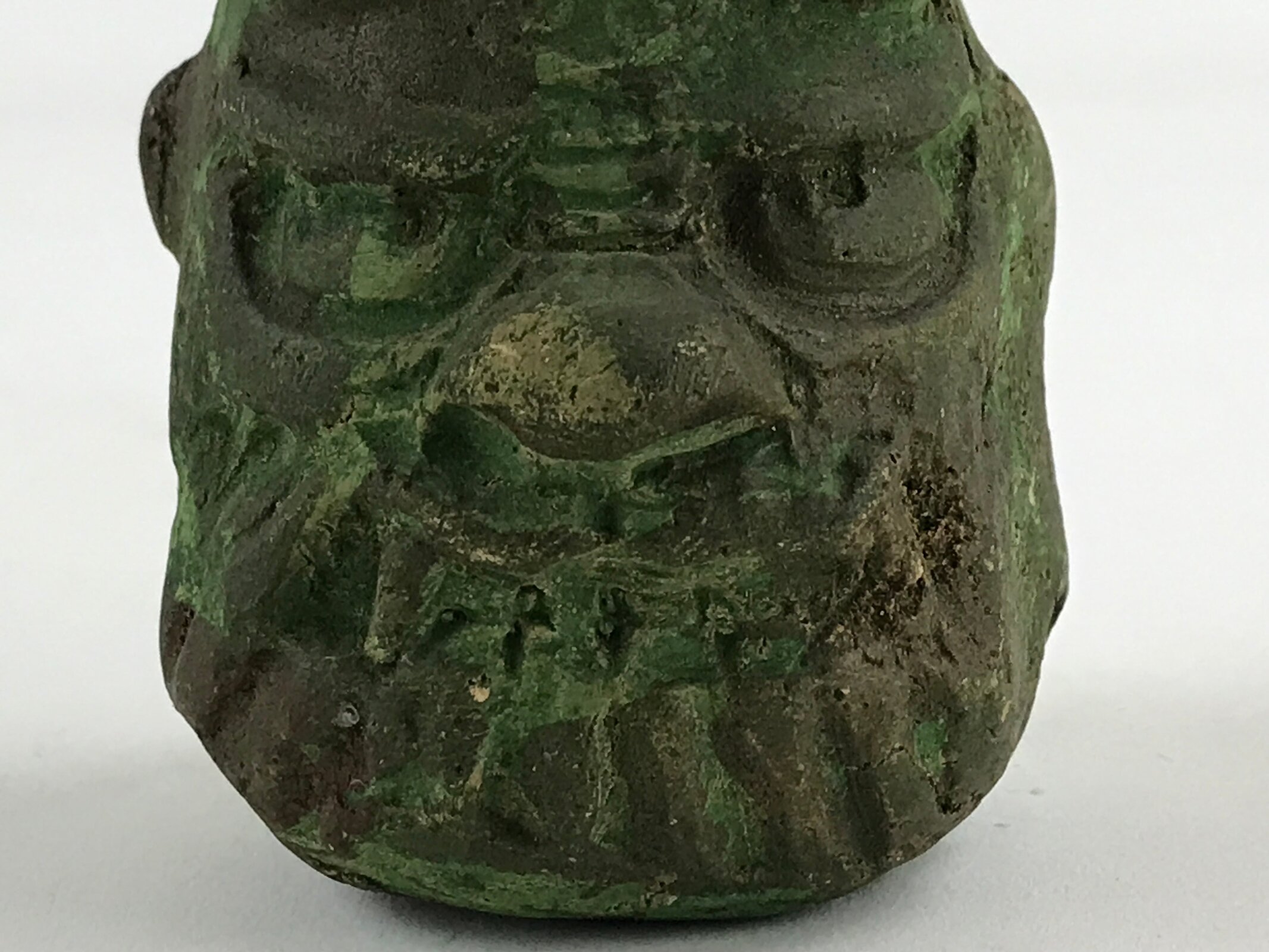 Japanese Clay Bell Dorei Tsuchi-Suzu Uramen Devil Mask Vtg Green Amulet DR474
