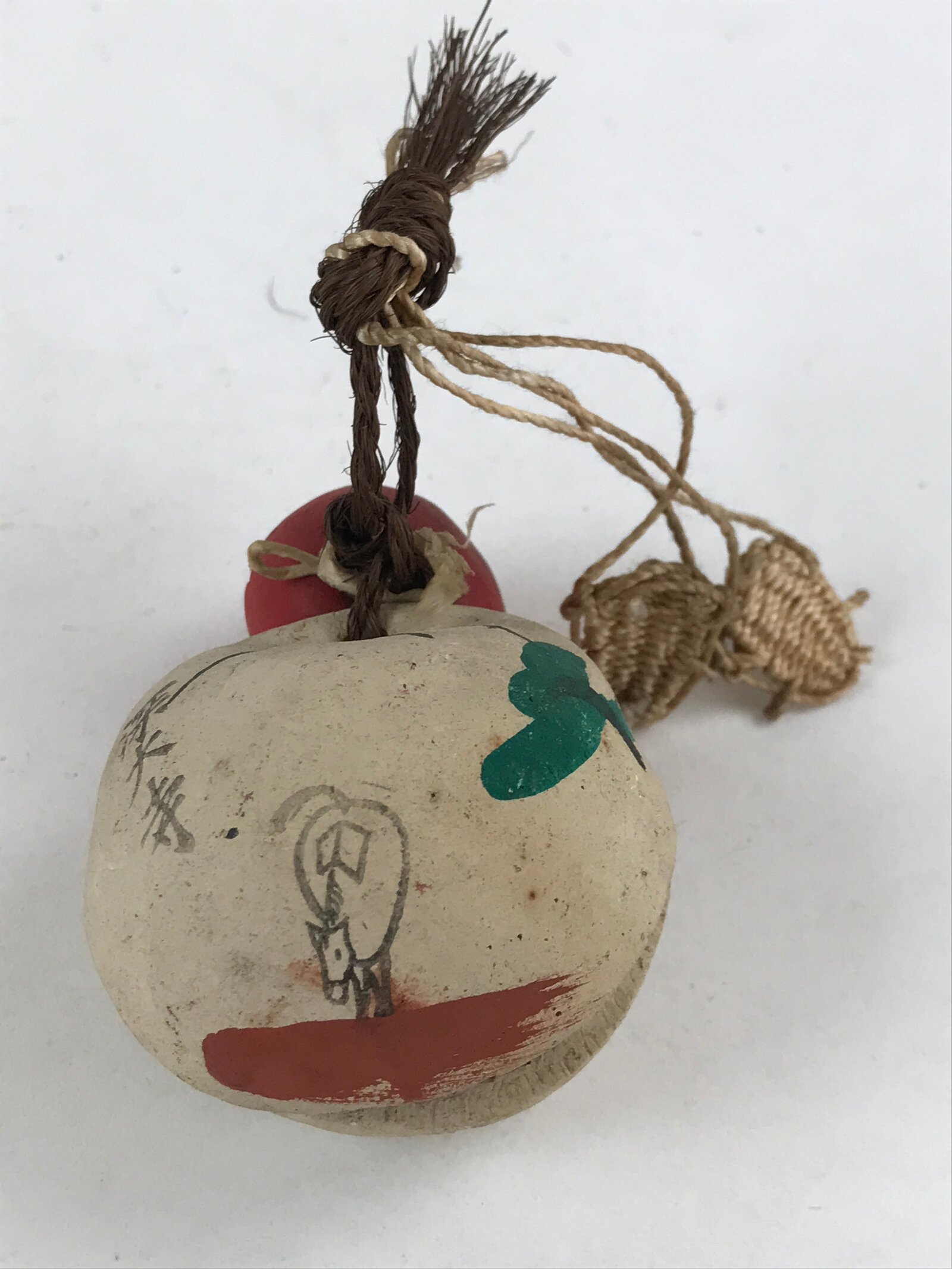 Japanese Clay Bell Dorei Tsuchi-Suzu Vtg Top Kanji White Amulet DR480