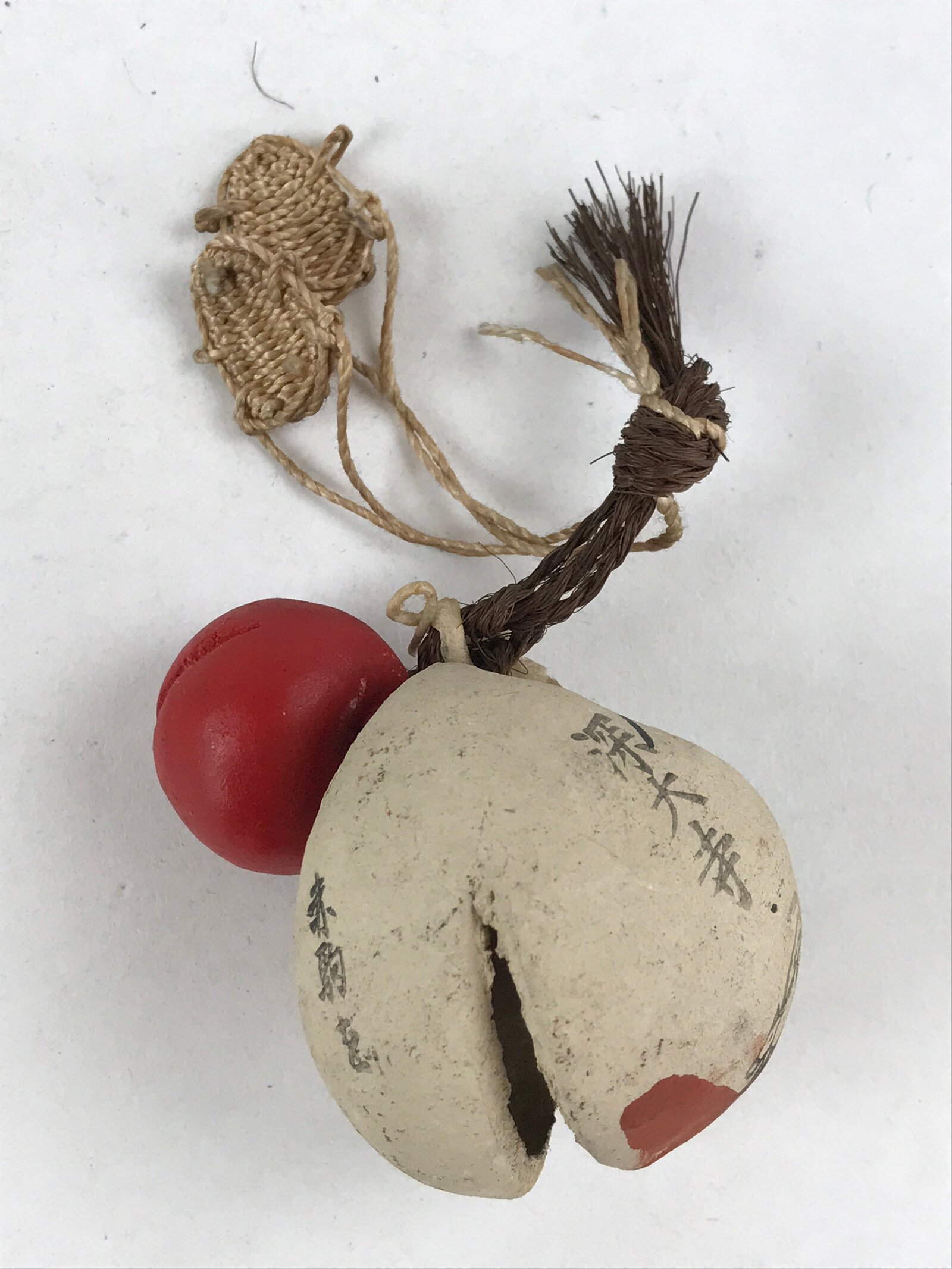 Japanese Clay Bell Dorei Tsuchi-Suzu Vtg Top Kanji White Amulet DR480