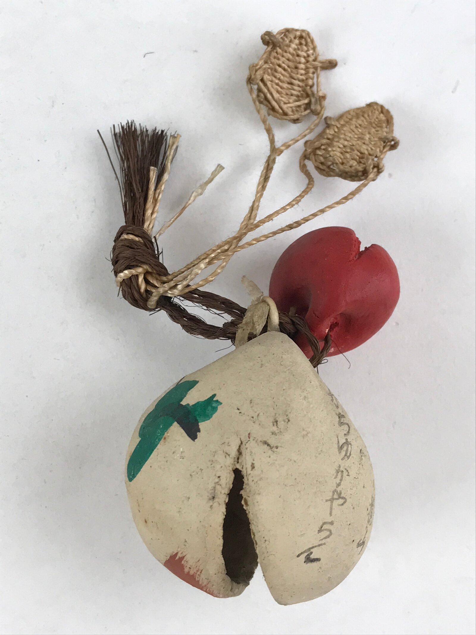 Japanese Clay Bell Dorei Tsuchi-Suzu Vtg Top Kanji White Amulet DR480
