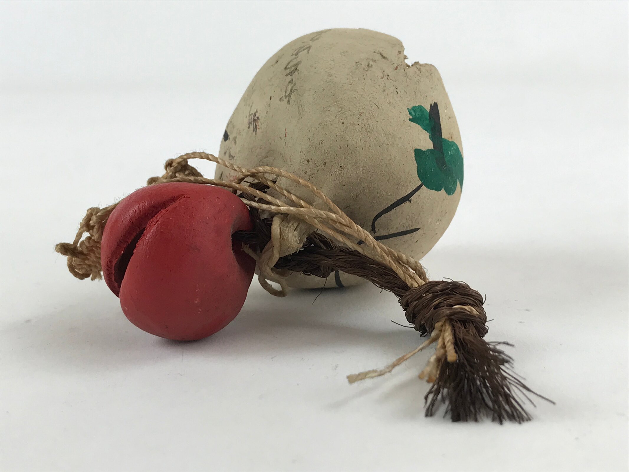 Japanese Clay Bell Dorei Tsuchi-Suzu Vtg Top Kanji White Amulet DR480