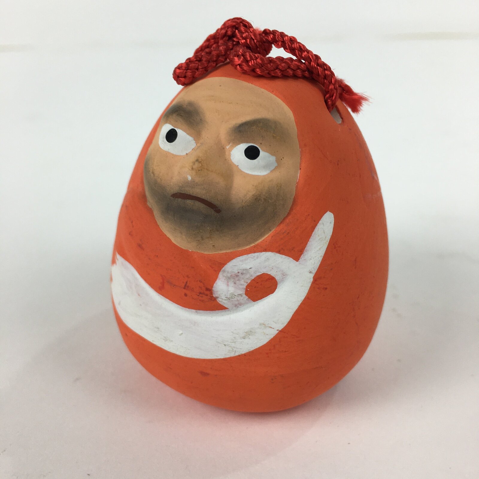 Japanese Clay Bell Dorei Vtg Ceramic Doll Amulet Red Daruma Kanji DR337