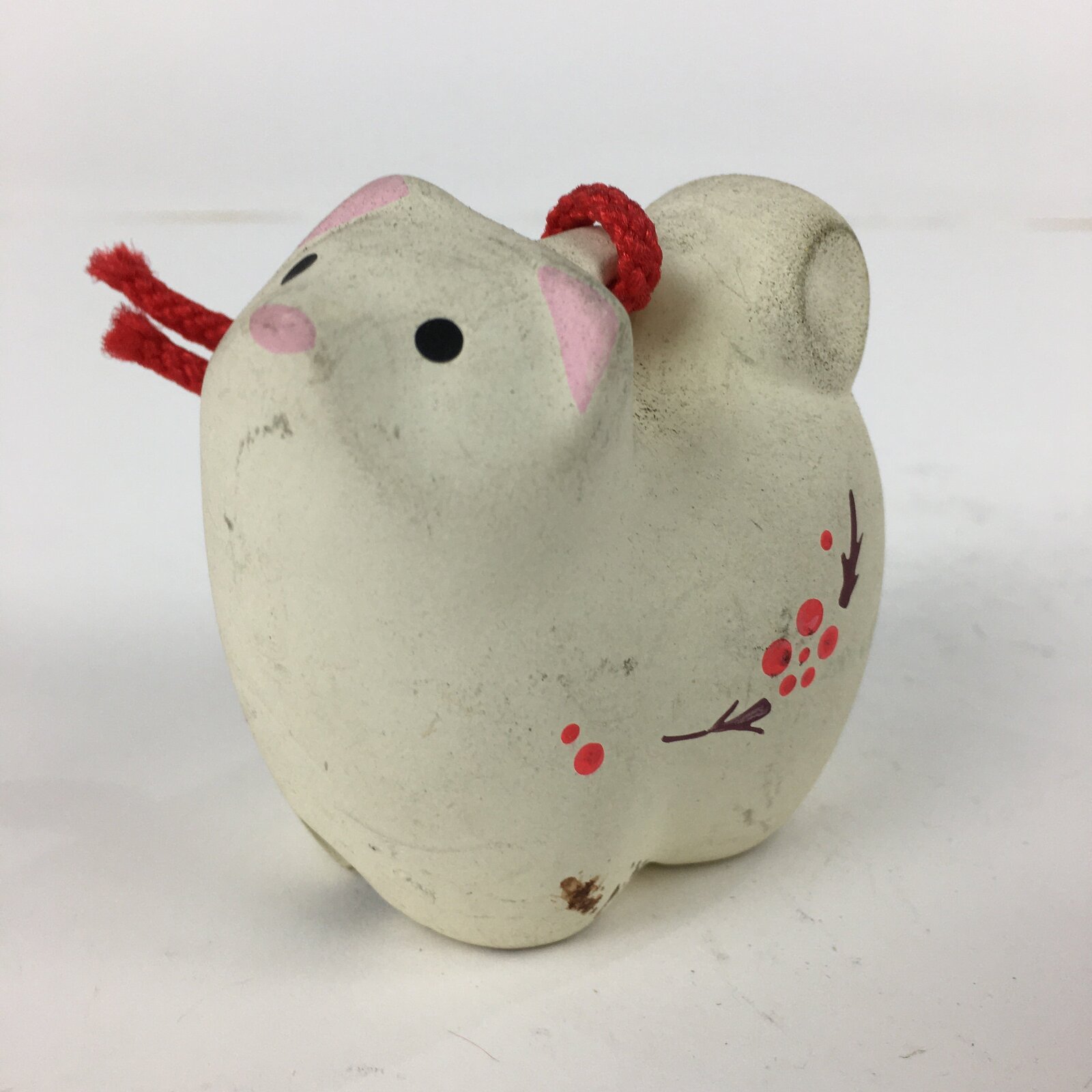 Japanese Clay Bell Dorei Vtg Ceramic Doll Amulet Zodiac White Rat DR365