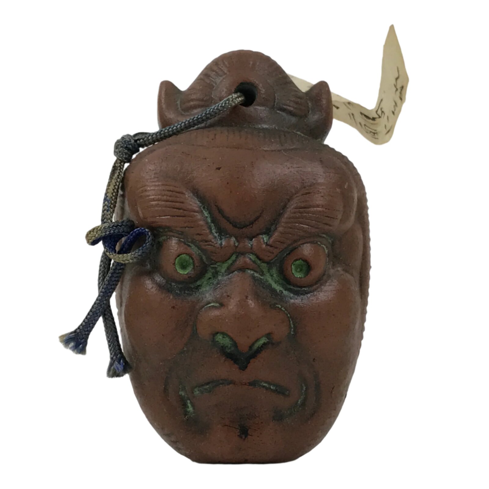 Japanese Clay Bell Dorei Vtg Tsuchi-Suzu Double Face Nio Guardian Buddhist DR590