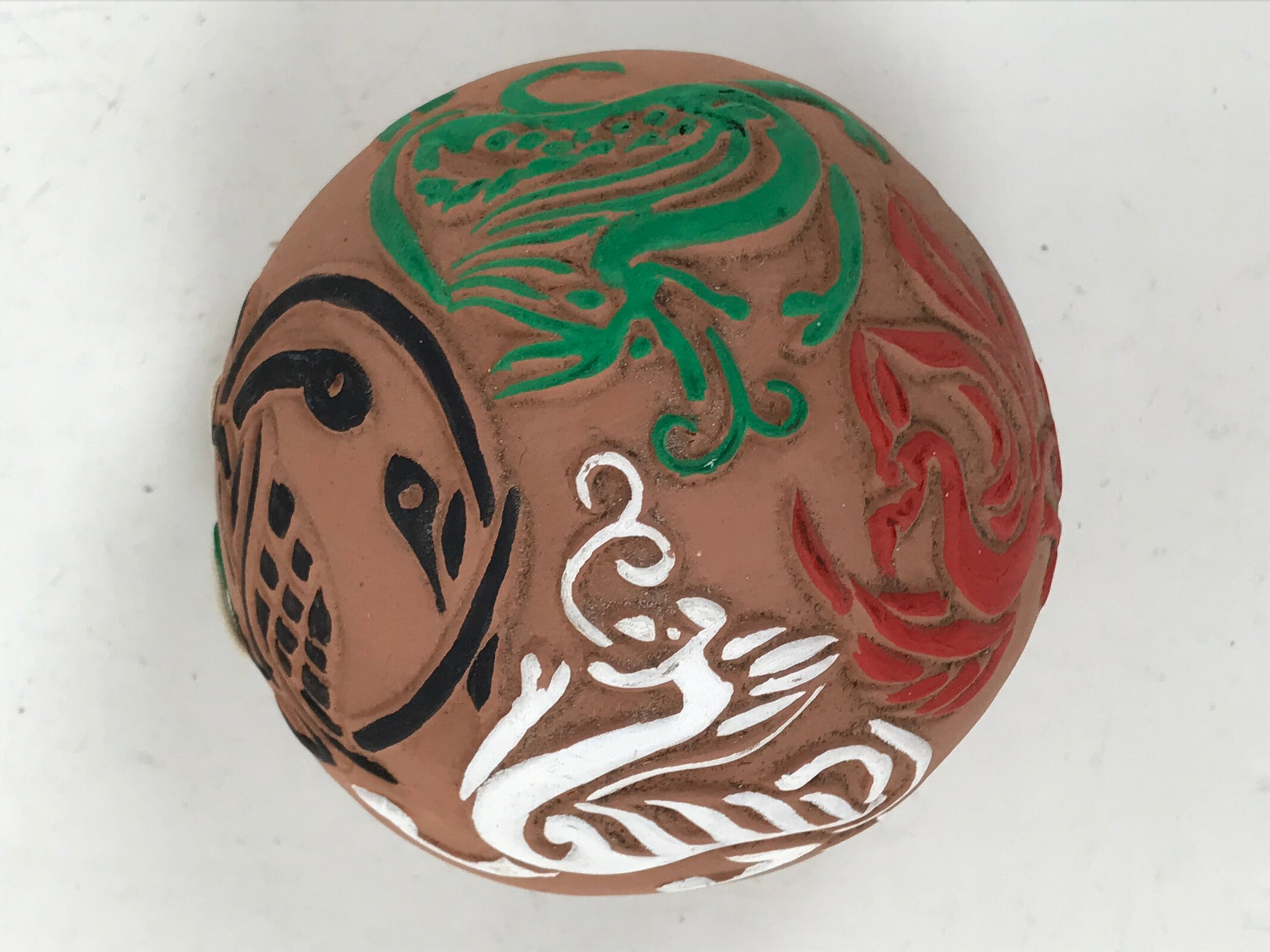 Japanese Clay Bell Dorei Vtg Tsuchi-Suzu Dragon Phoenix Kirin Turtle Brown DR595