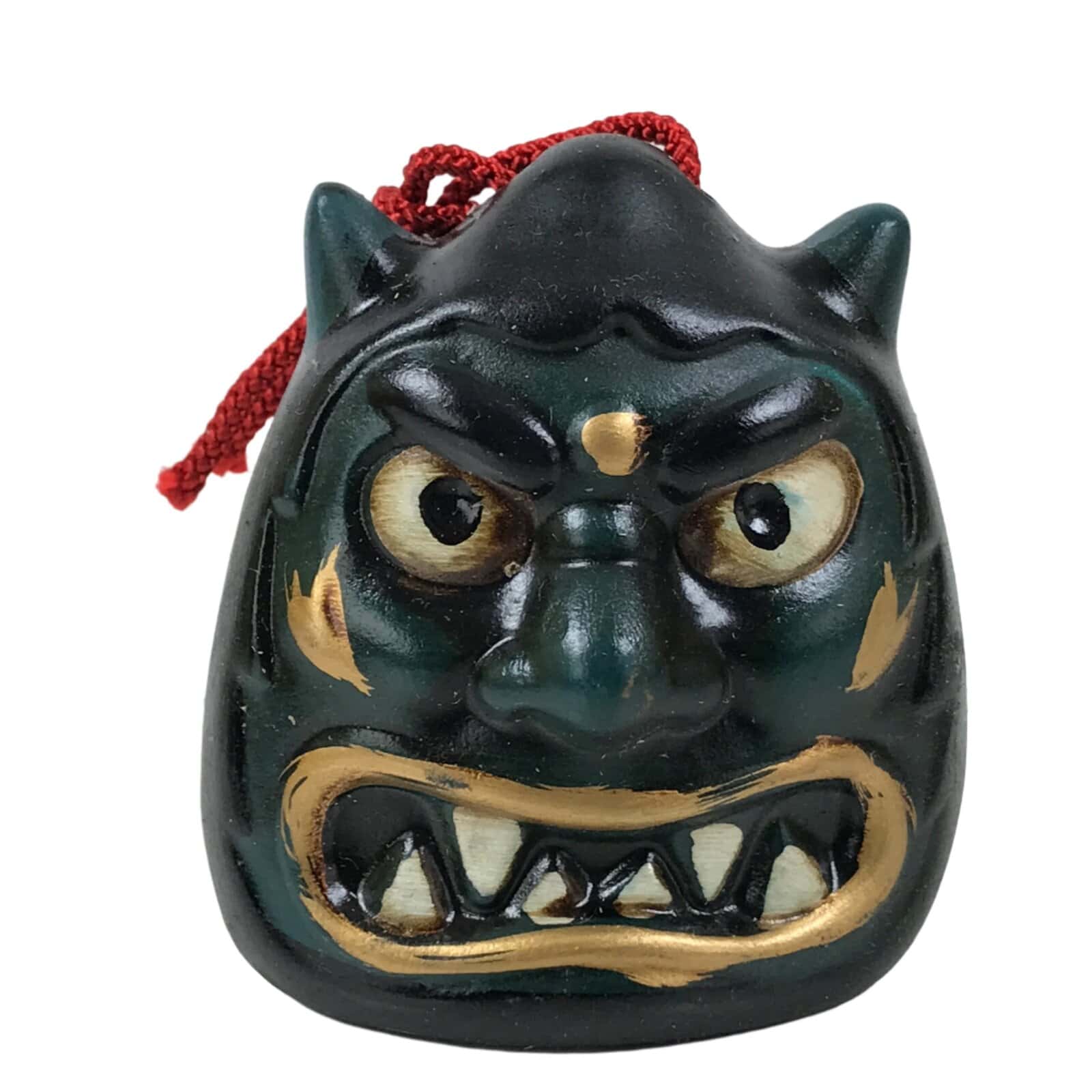Japanese Clay Bell Dorei Vtg Tsuchi-Suzu Green Oni Demon Face Black Gold DR593