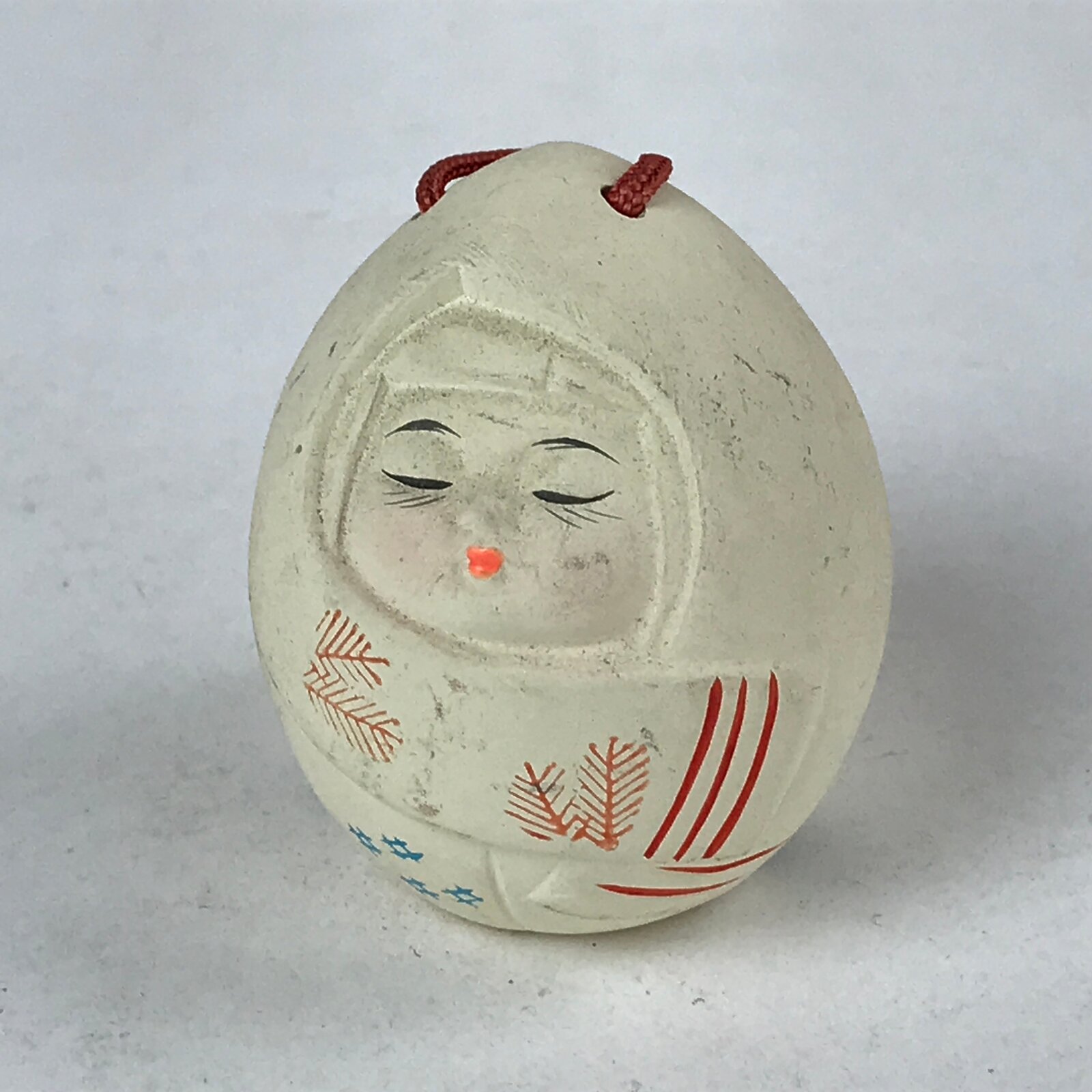Japanese Clay Bell Dorei Vtg Tsuchi-Suzu Kimono Girl Daruma Pine White DR507