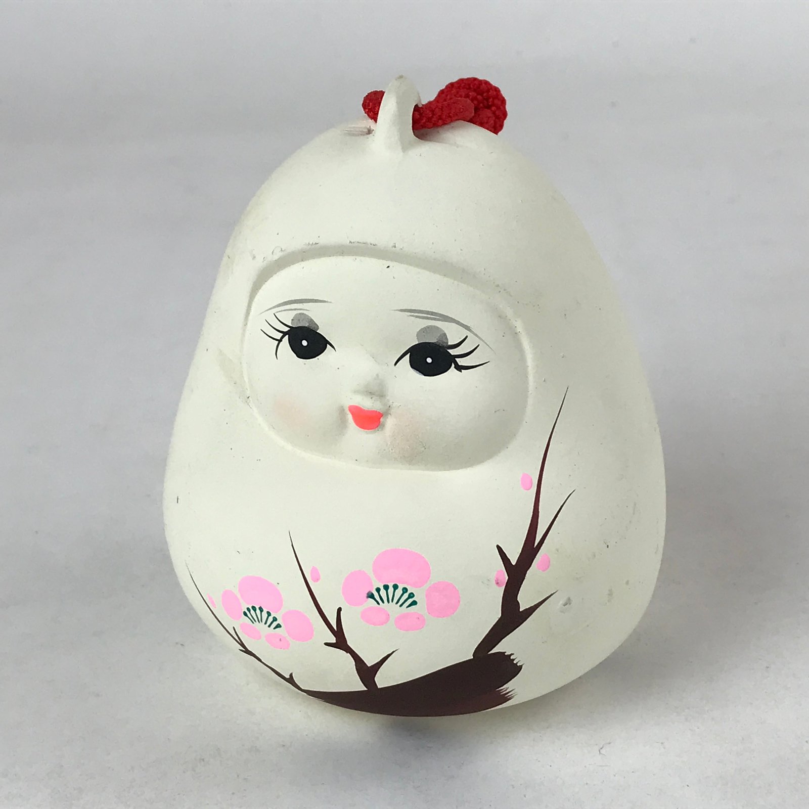 Japanese Clay Bell Dorei Vtg Tsuchi-Suzu Large Daruma White Plum Blossom DR522