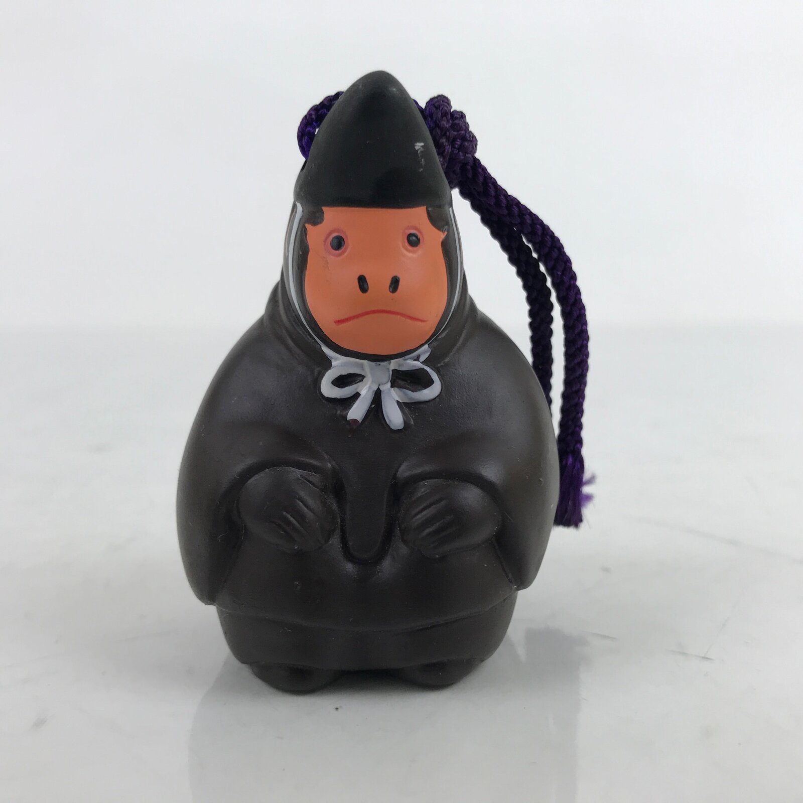 Japanese Clay Bell Dorei Vtg Tsuchi-Suzu Monkey Hat Clothes Dark Brown DR537