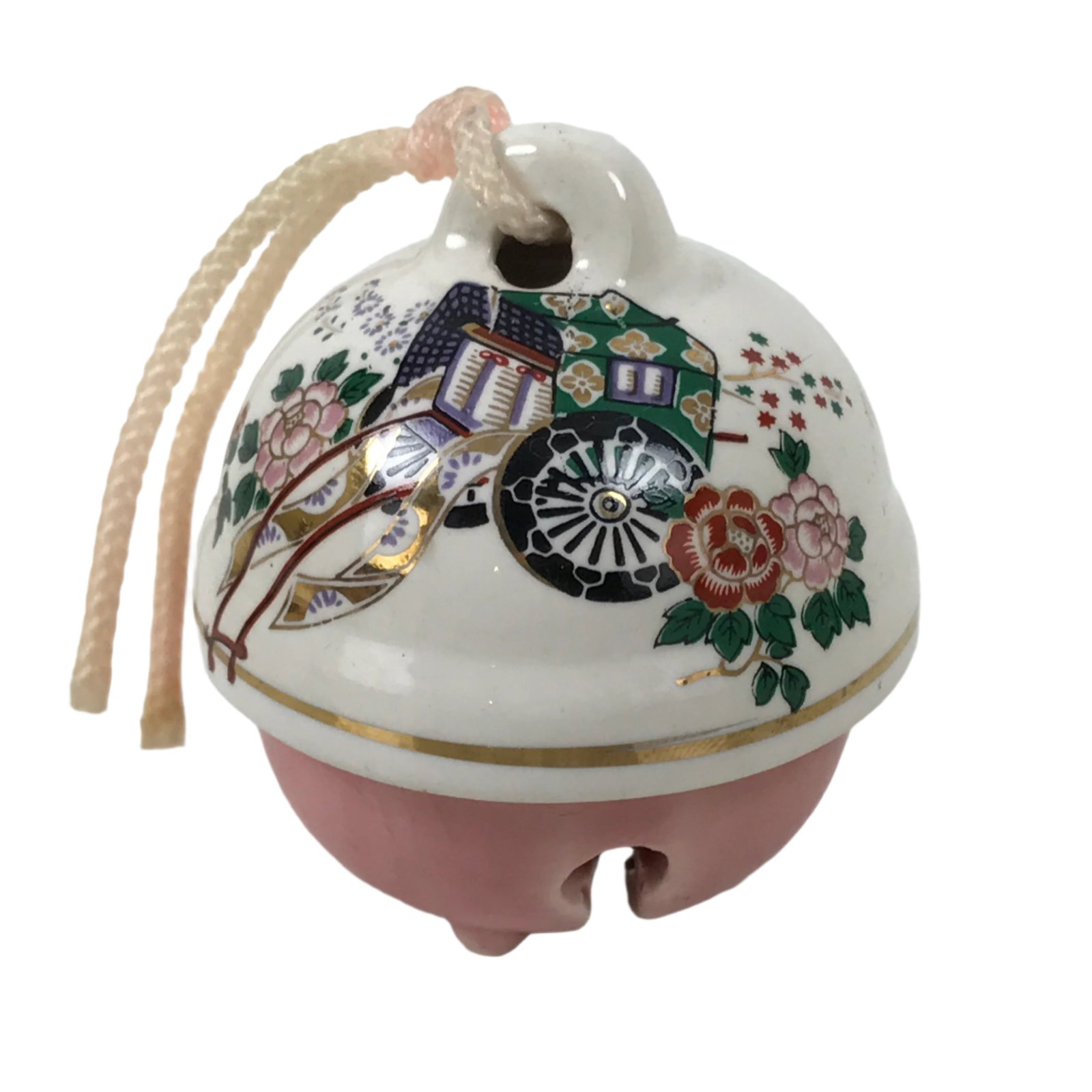 Japanese Clay Bell Dorei Vtg Tsuchi-Suzu Ox Cart Kutani Ware Pink White DR577